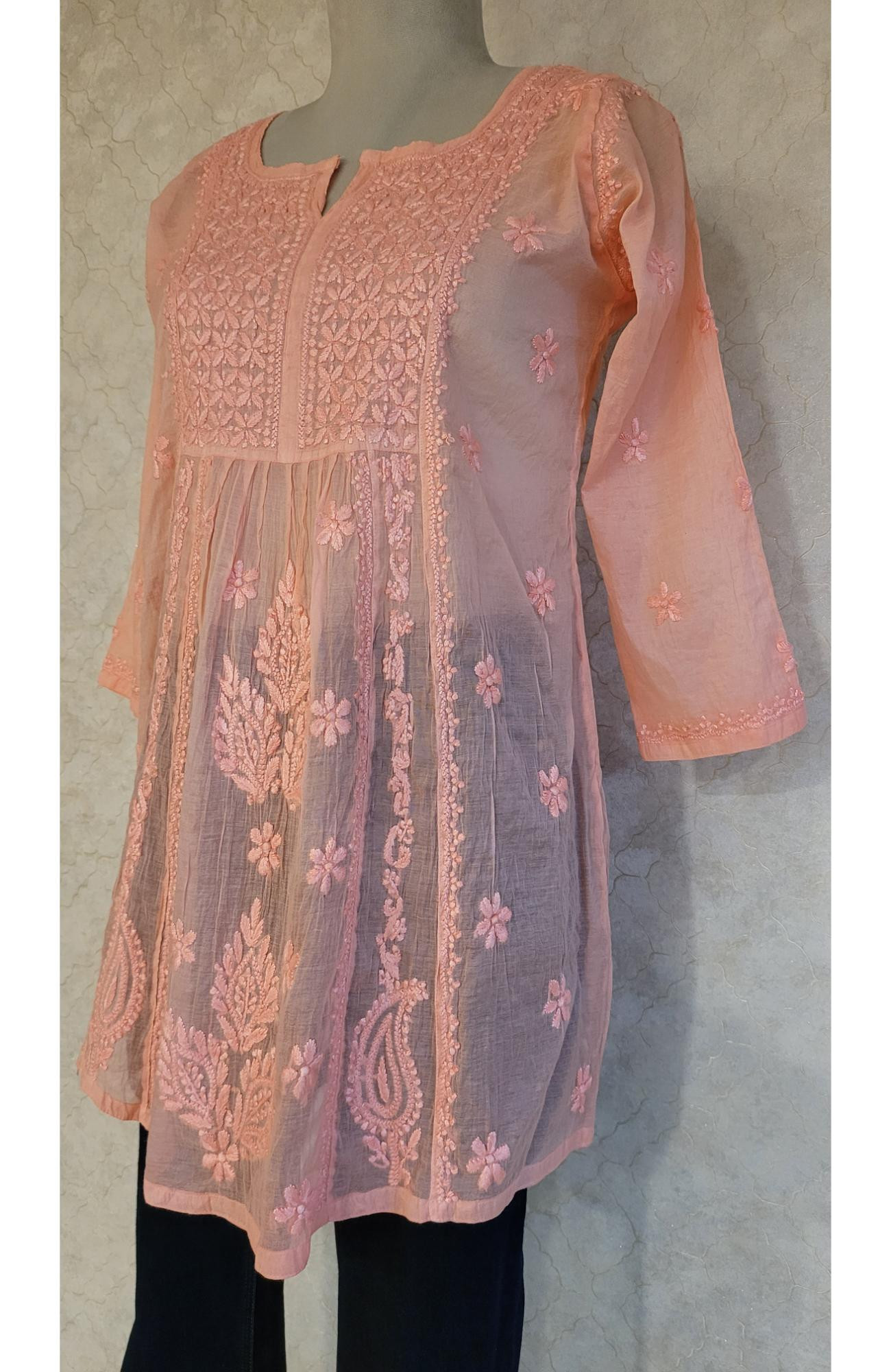 Dark Peach Mul Chanderi Chikankari Short Top