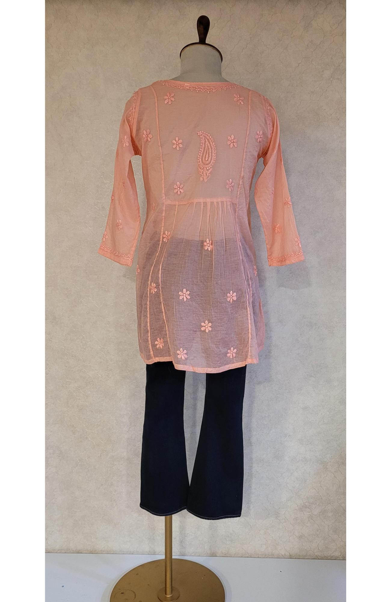 Dark Peach Mul Chanderi Chikankari Short Top
