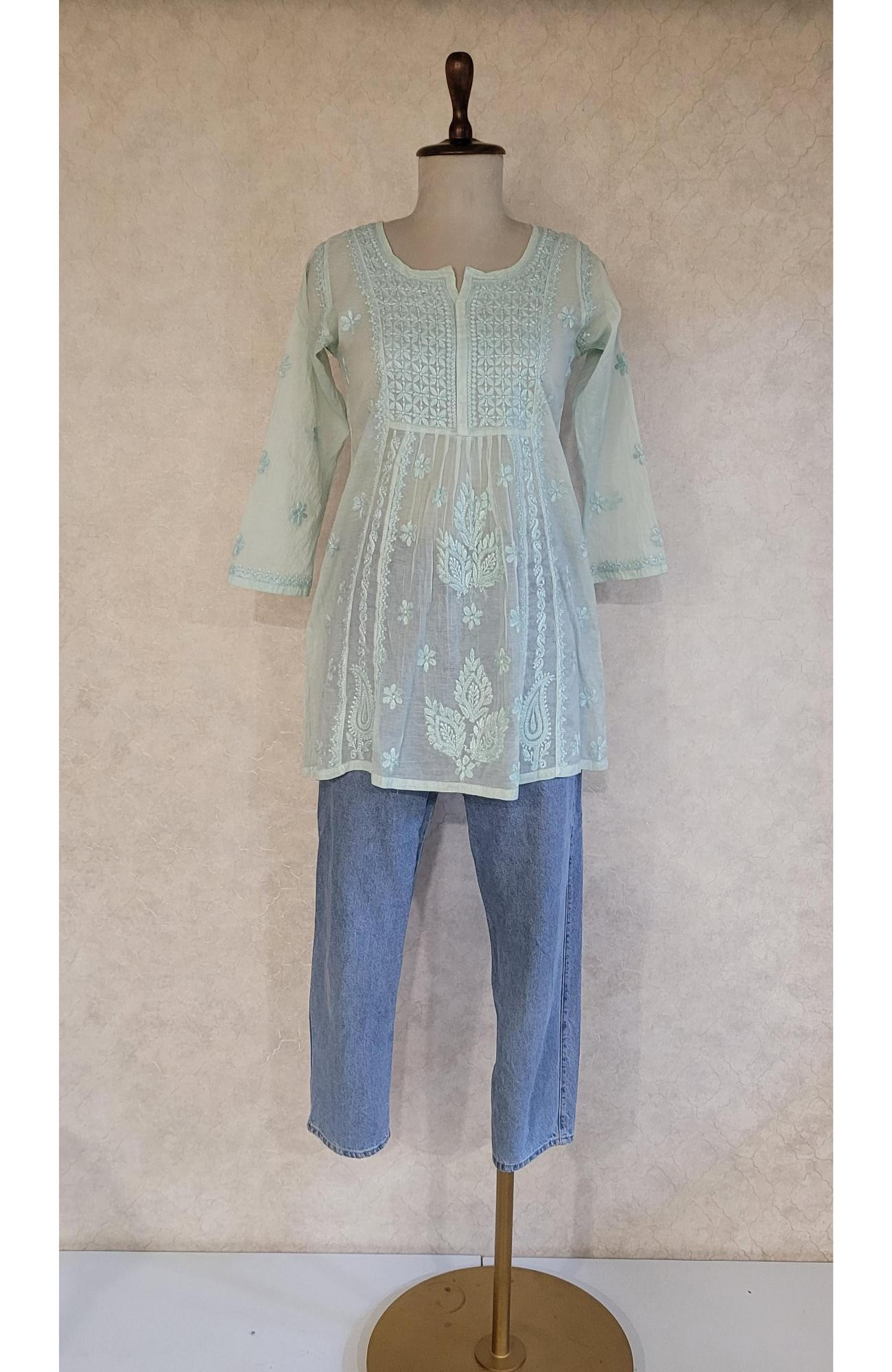 Sea Green Mul Chanderi Chikankari Short Top