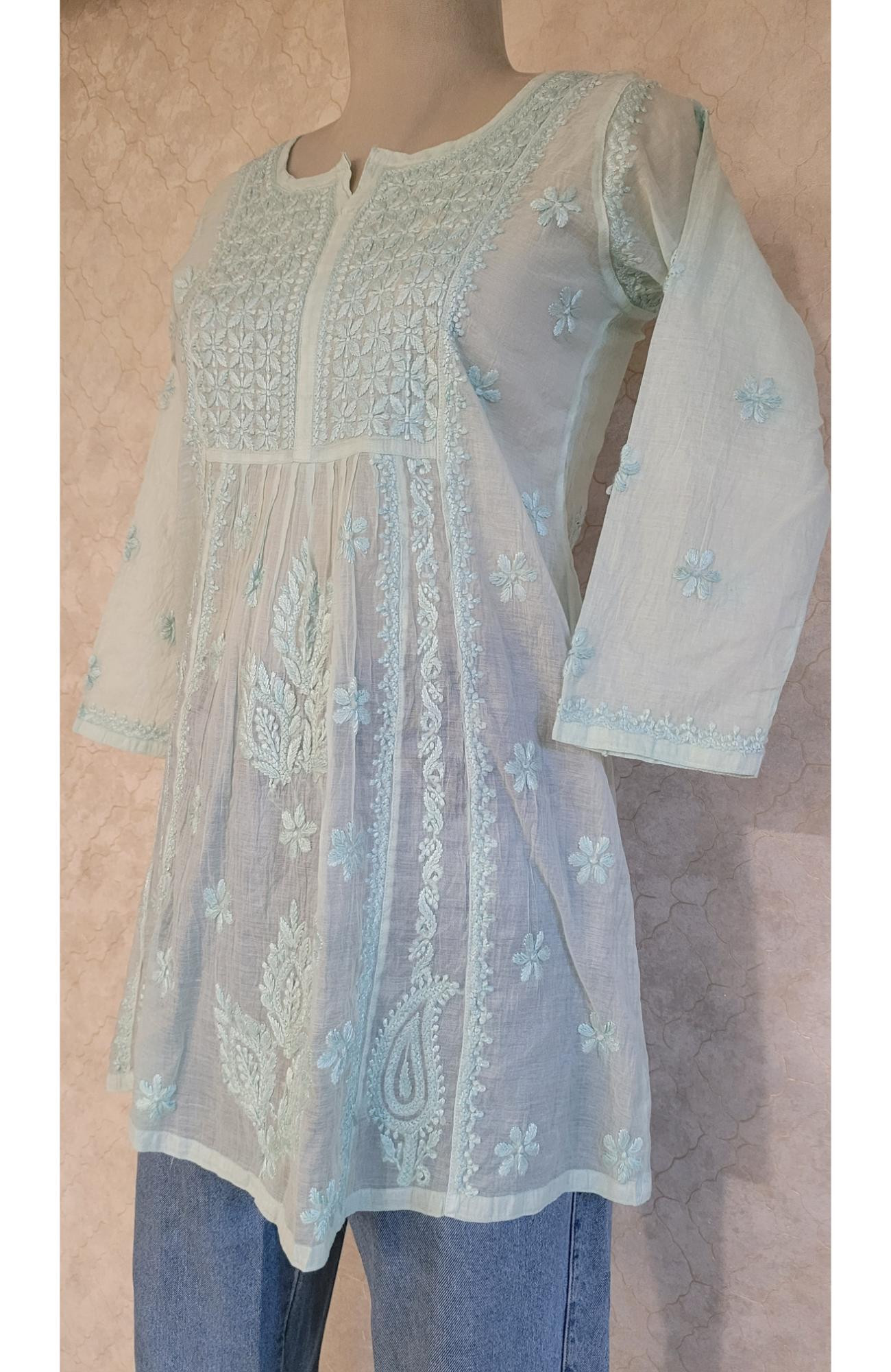 Sea Green Mul Chanderi Chikankari Short Top