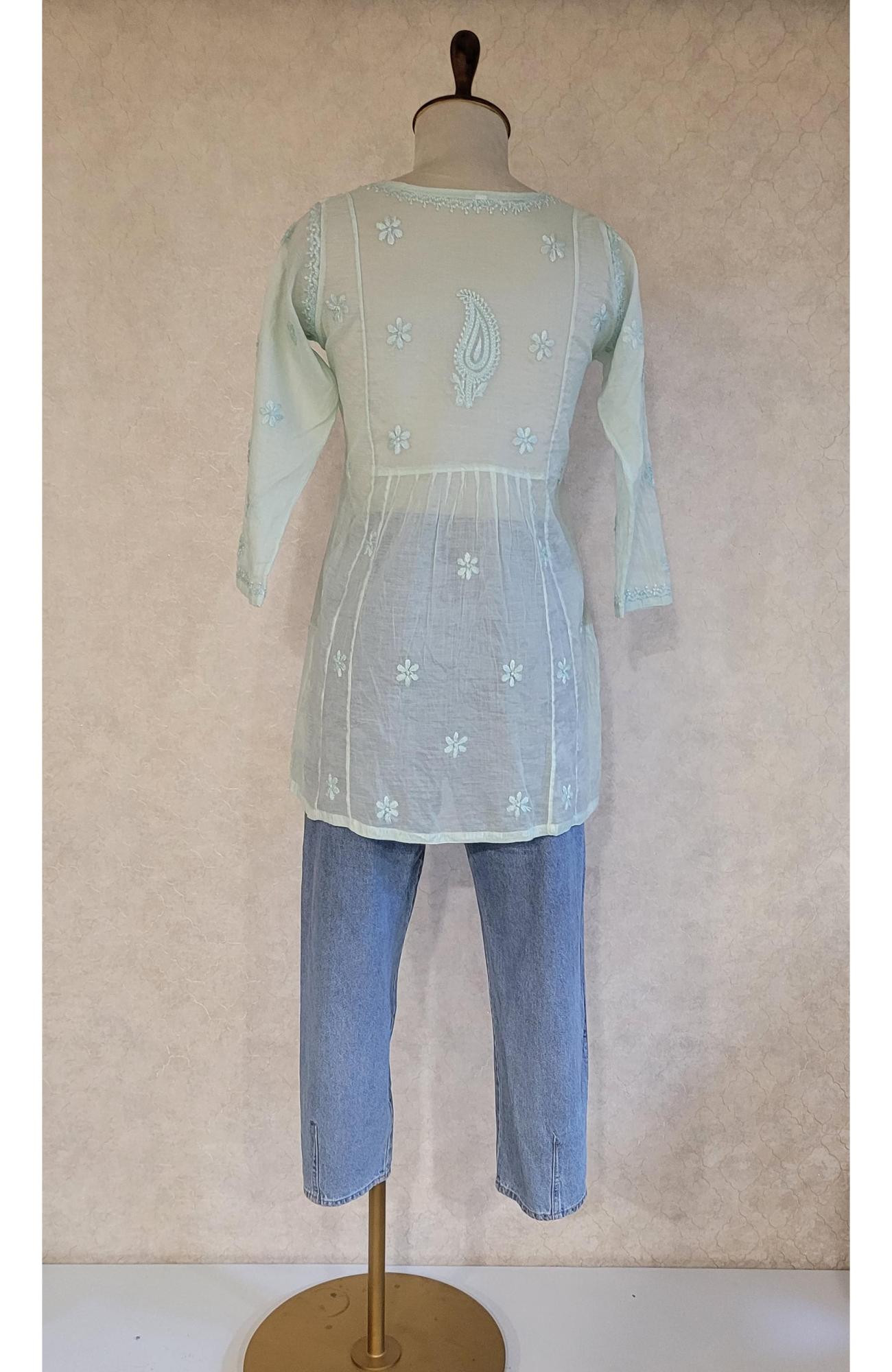 Sea Green Mul Chanderi Chikankari Short Top