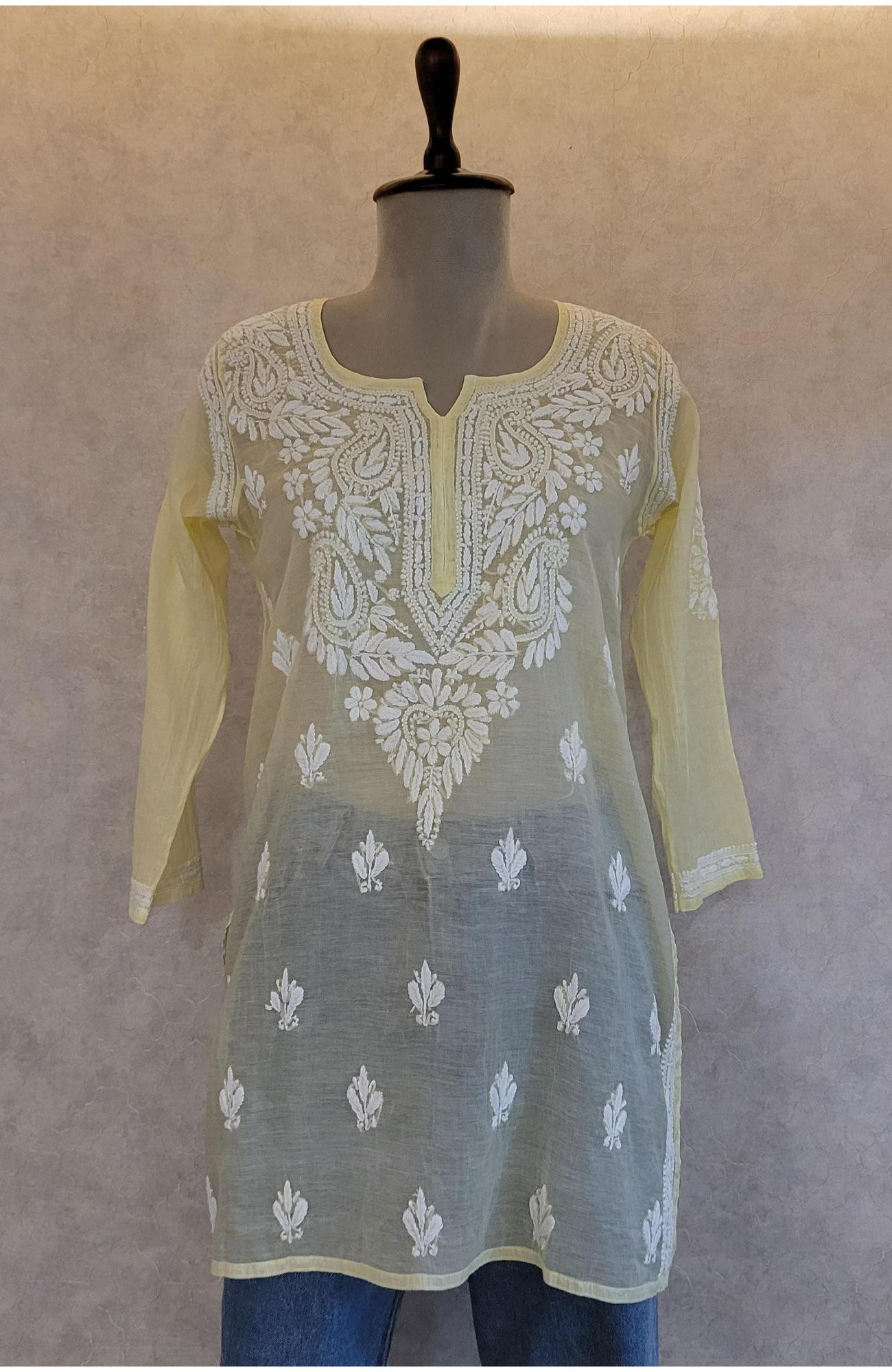 Lemon Mul Chanderi Chikankari Short Top