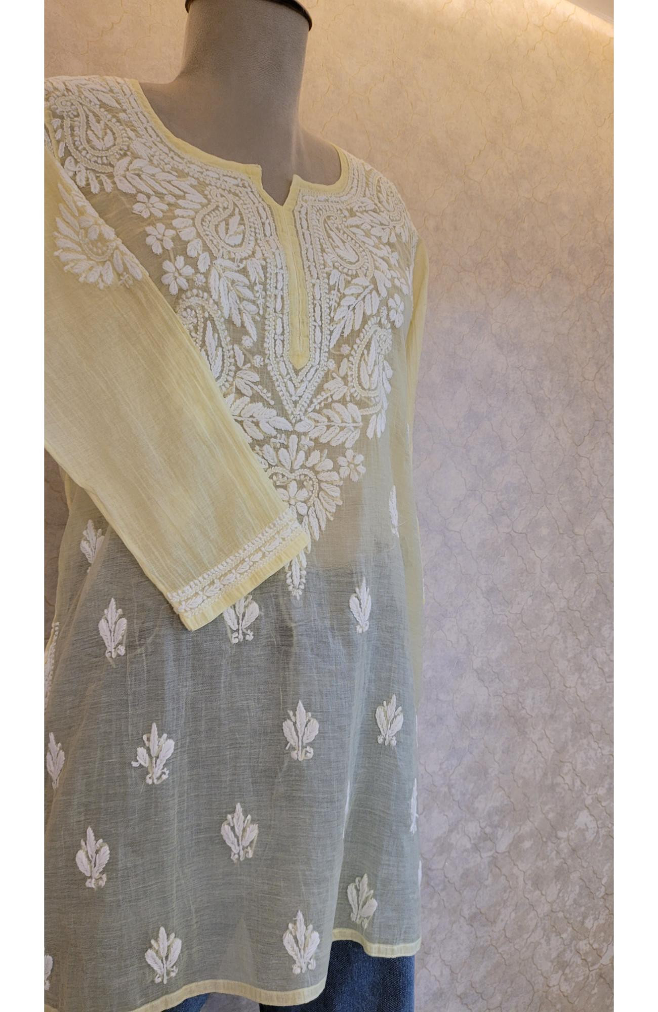 Lemon Mul Chanderi Chikankari Short Top