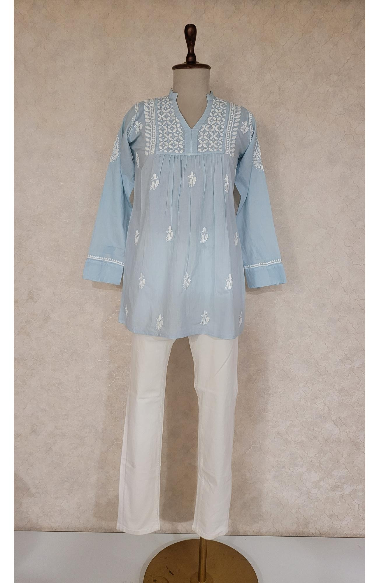 Blue Cotton Chikankari Short Top