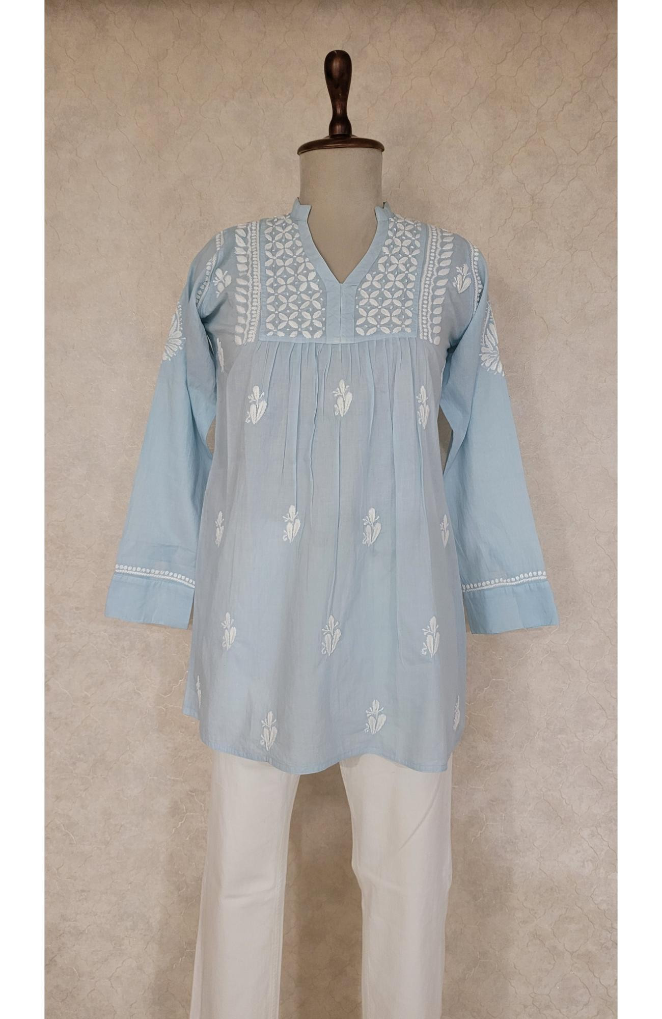 Blue Cotton Chikankari Short Top