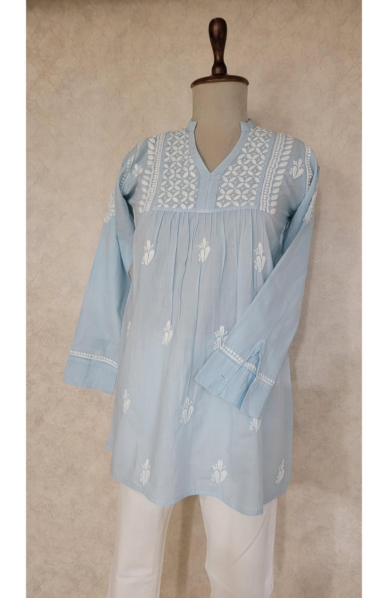 Blue Cotton Chikankari Short Top