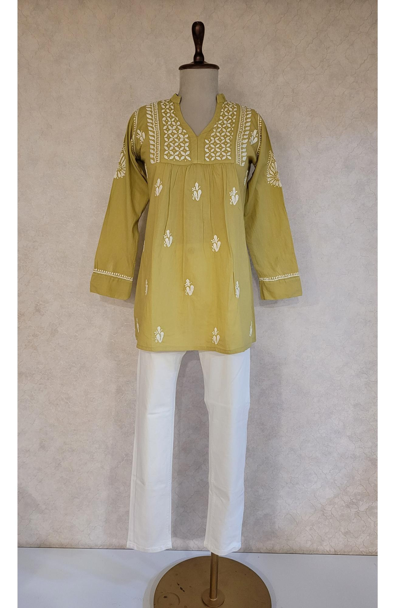 Olive Green Cotton Chikankari Short Top