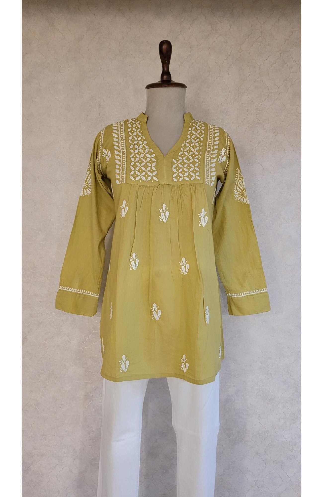 Olive Green Cotton Chikankari Short Top
