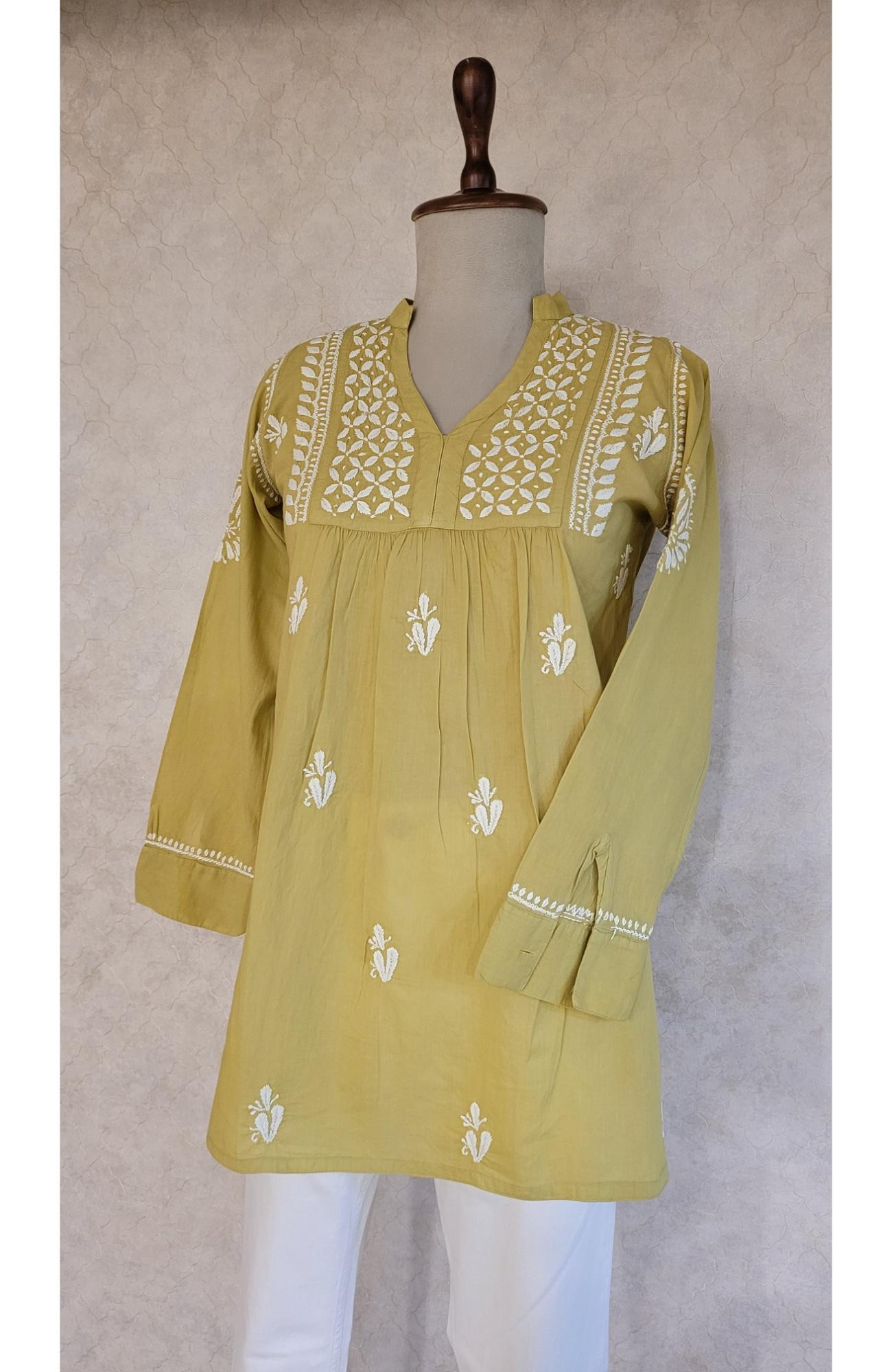 Olive Green Cotton Chikankari Short Top