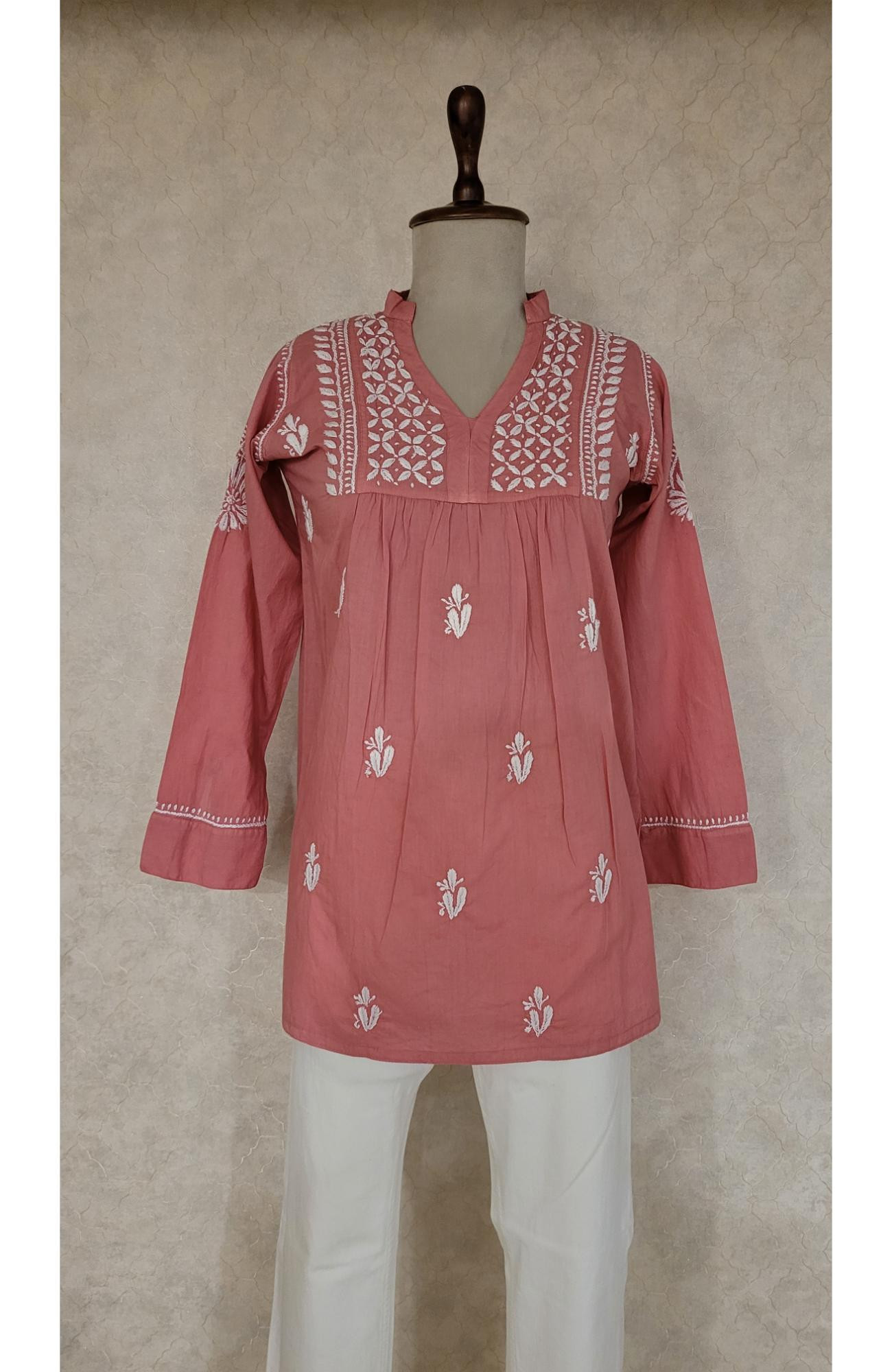 Carrot Pink Cotton Chikankari Short Top