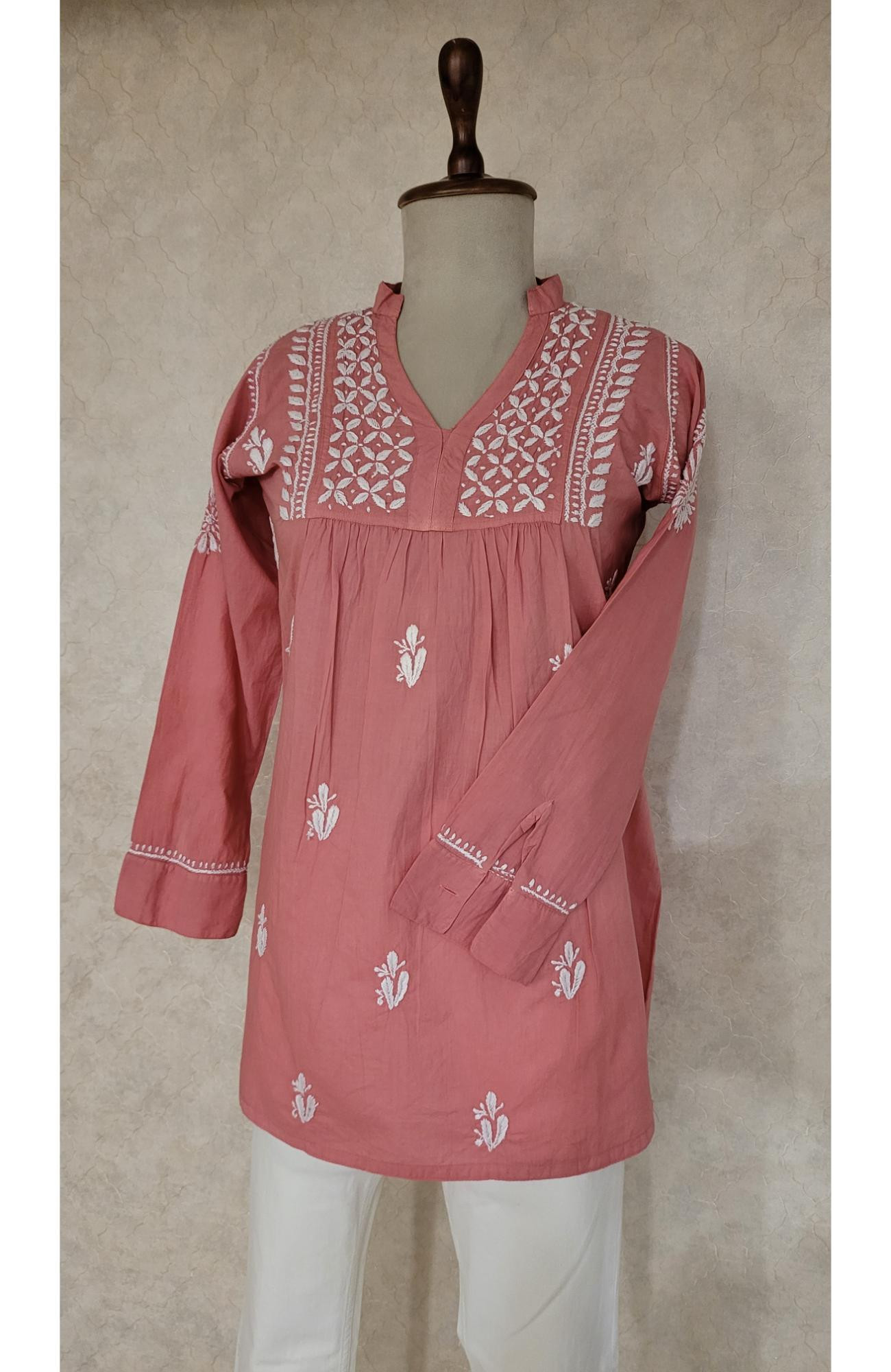 Carrot Pink Cotton Chikankari Short Top