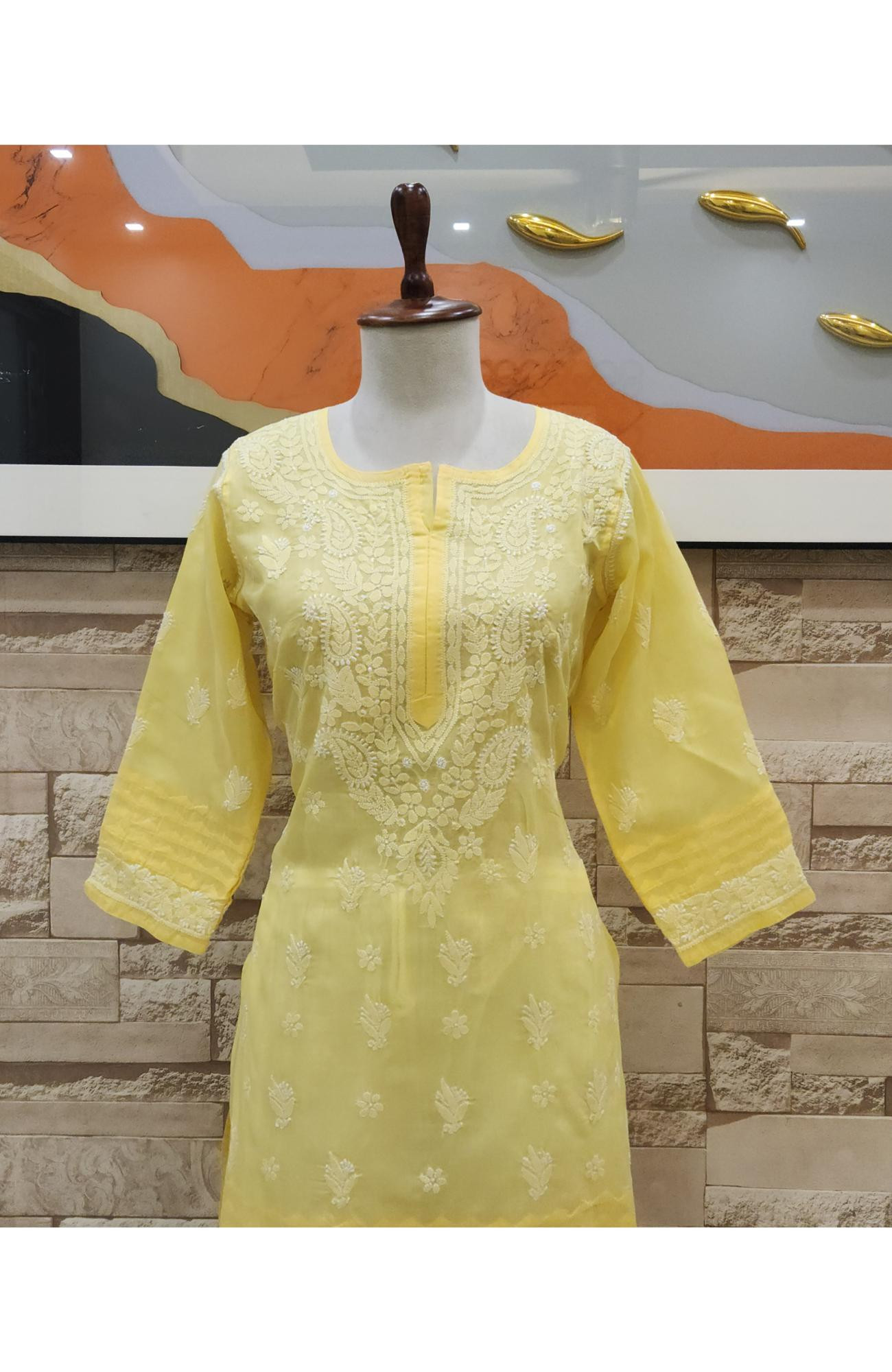 Yellow Cotton Hand Embroidered Chikankari Kurti  Rohia By Chhangamal
