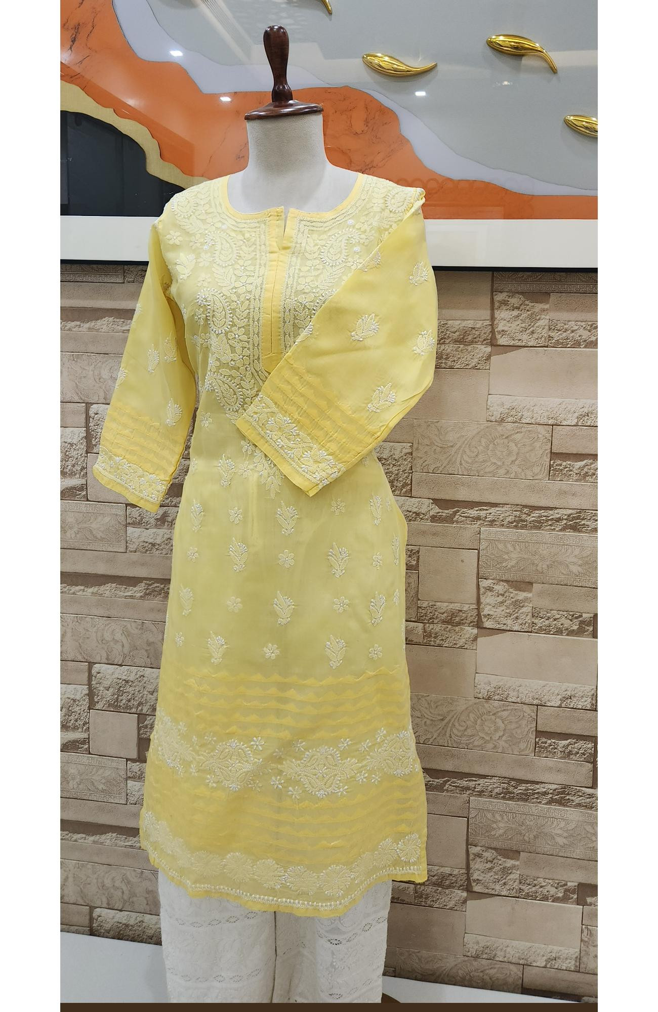 Yellow Cotton Hand Embroidered Chikankari Kurti  Rohia By Chhangamal