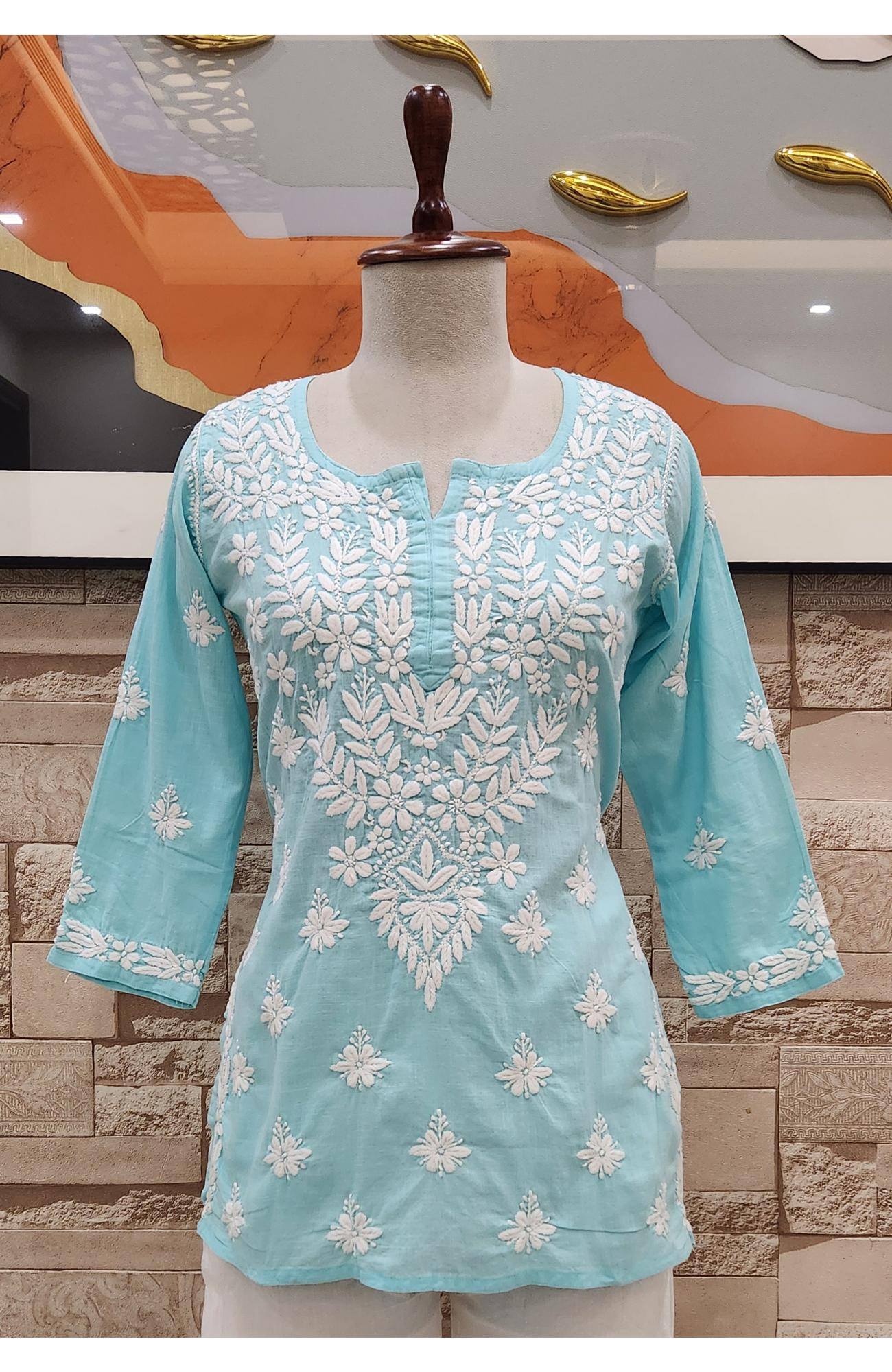 Green Cotton Hand Embroidered Chikankari Short Top  Rohia By Chhangamal