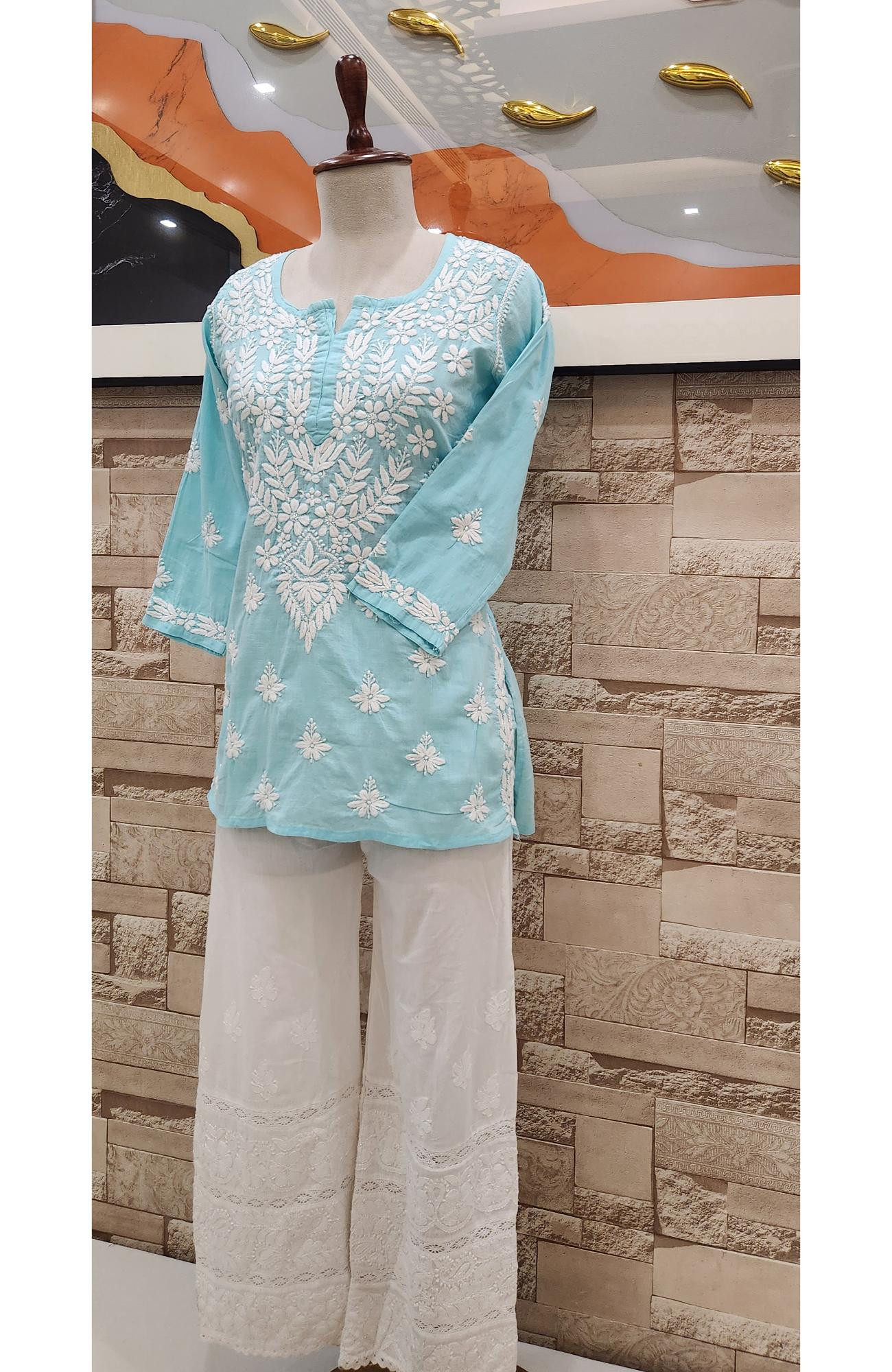 Green Cotton Hand Embroidered Chikankari Short Top  Rohia By Chhangamal