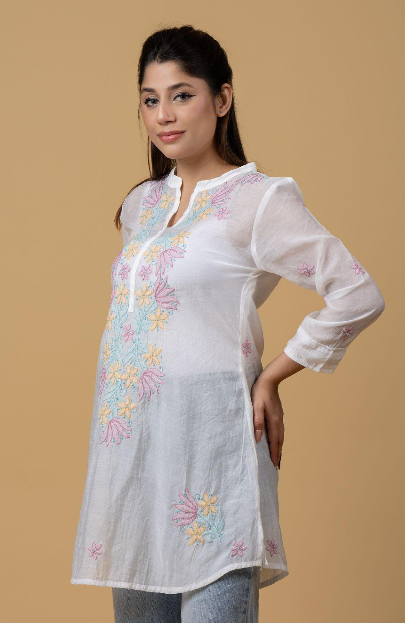 White Mul Chanderi Chikankari Short Top