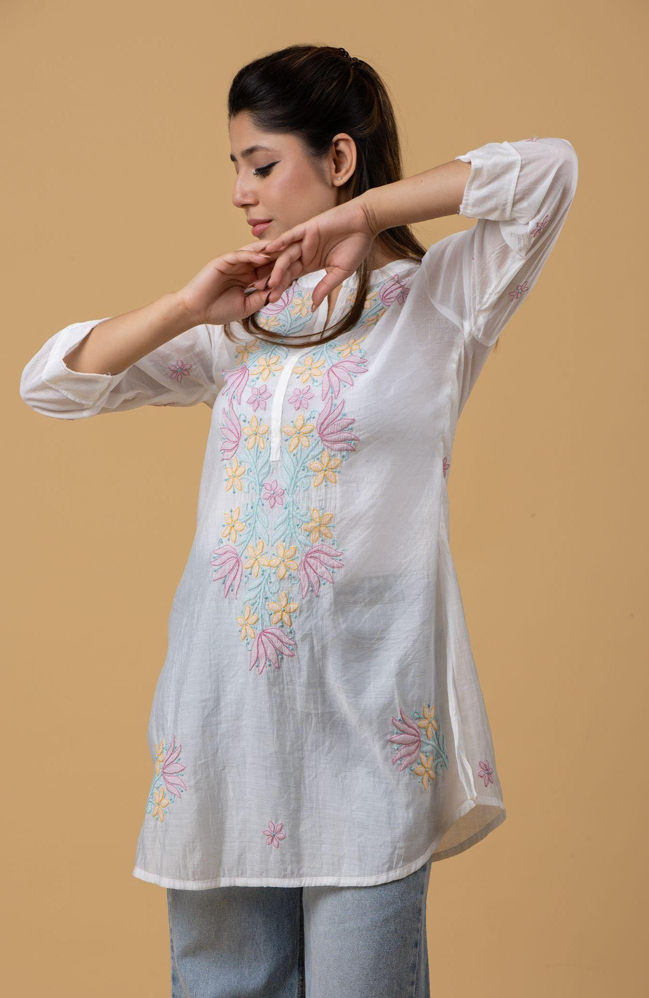 White Mul Chanderi Chikankari Short Top