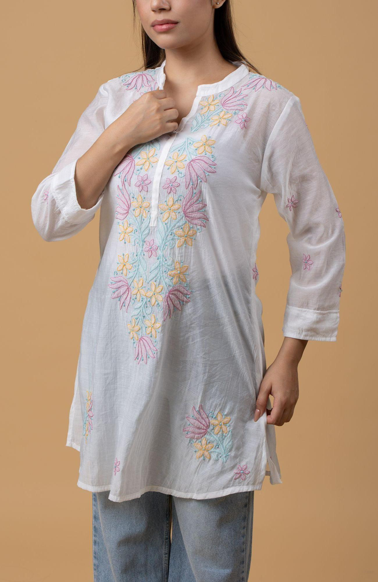 White Mul Chanderi Chikankari Short Top