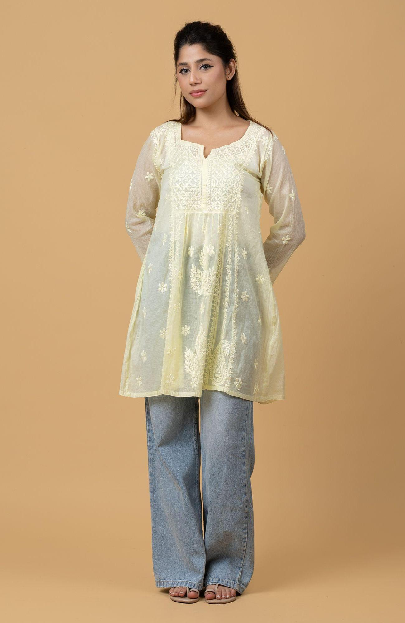 Green Mul Chanderi Chikankari Short Top