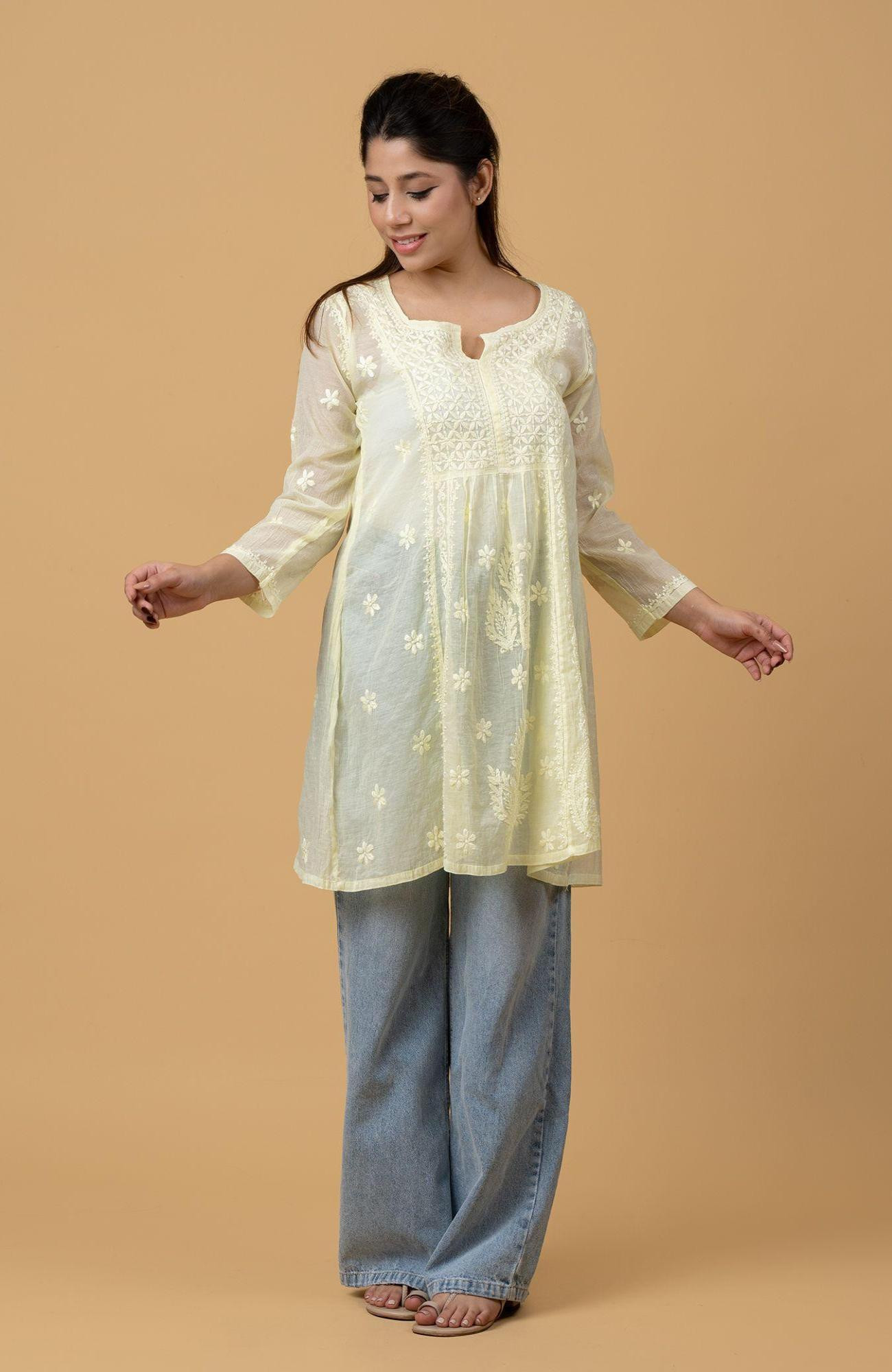 Green Mul Chanderi Chikankari Short Top