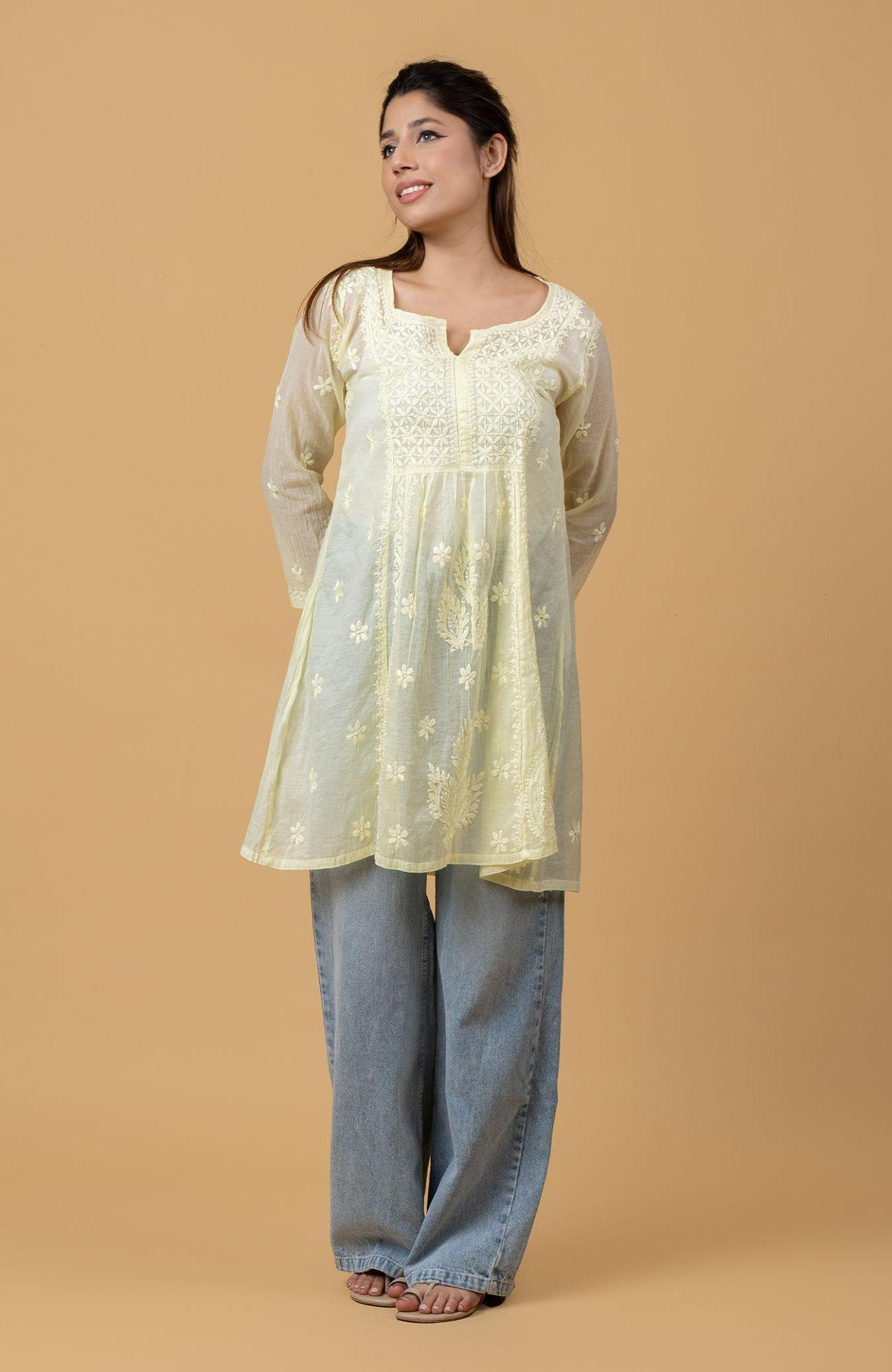 Green Mul Chanderi Chikankari Short Top