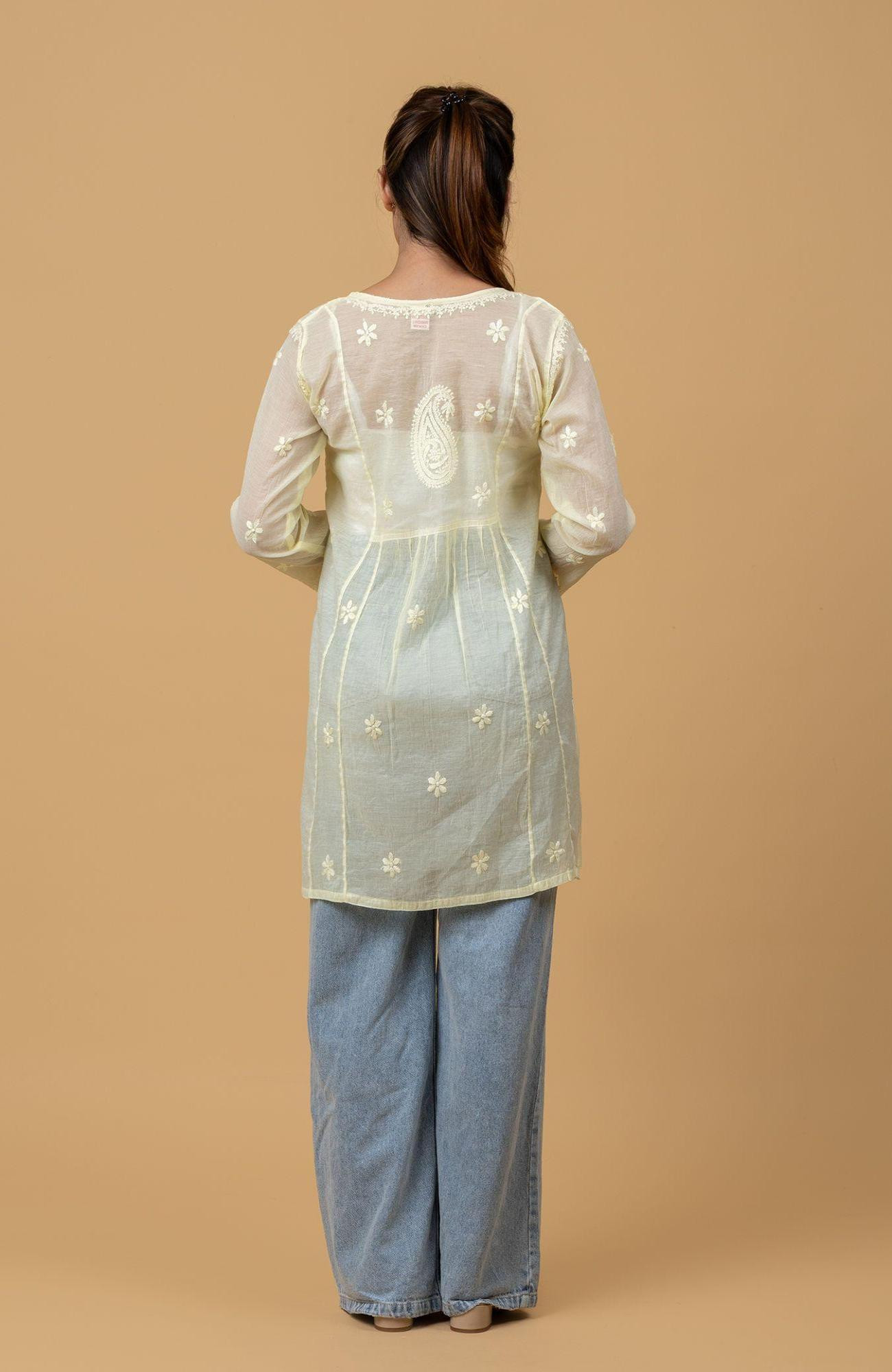 Green Mul Chanderi Chikankari Short Top