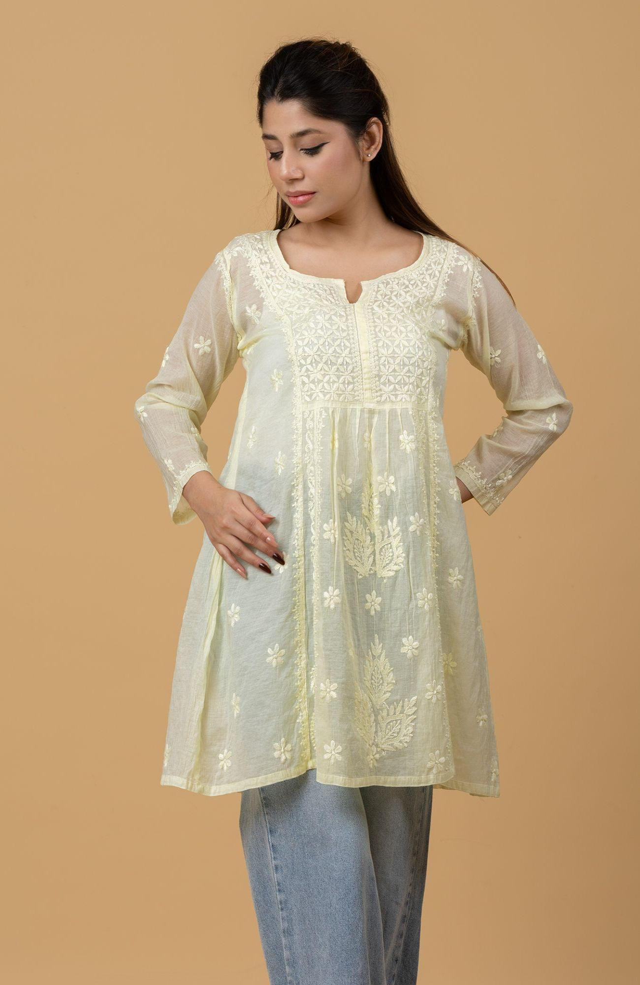 Green Mul Chanderi Chikankari Short Top