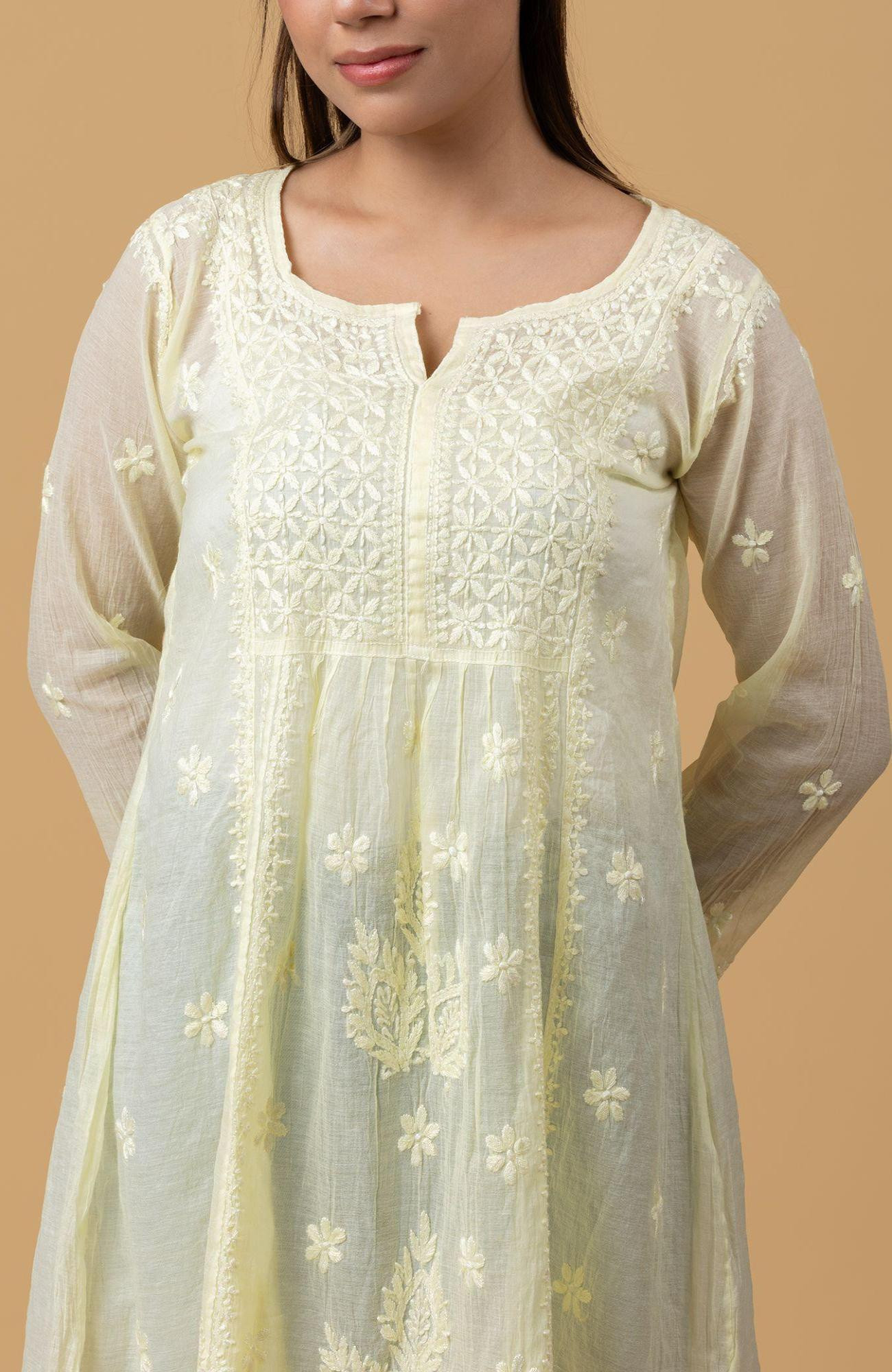 Green Mul Chanderi Chikankari Short Top