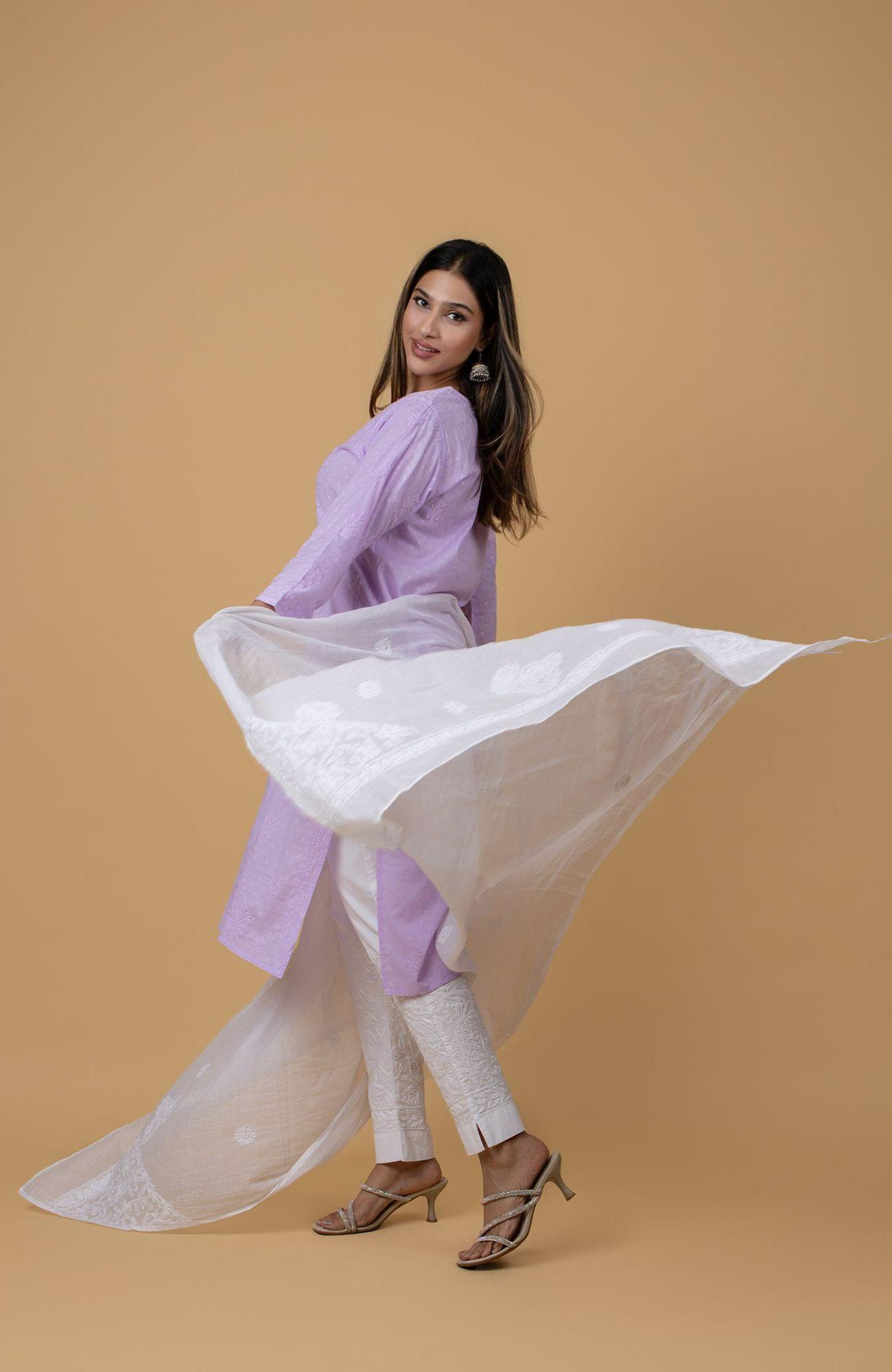 White Kota Cotton Chikankari Dupatta