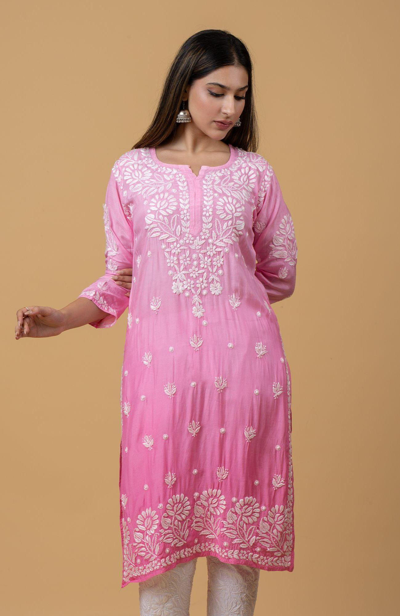 Pink Ombre Muslin Chikankari Kurta