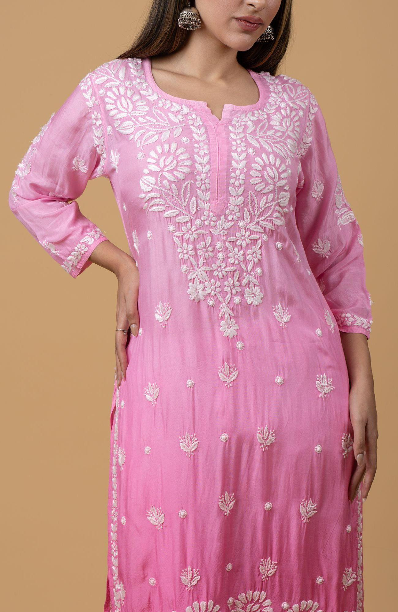 Pink Ombre Muslin Chikankari Kurta