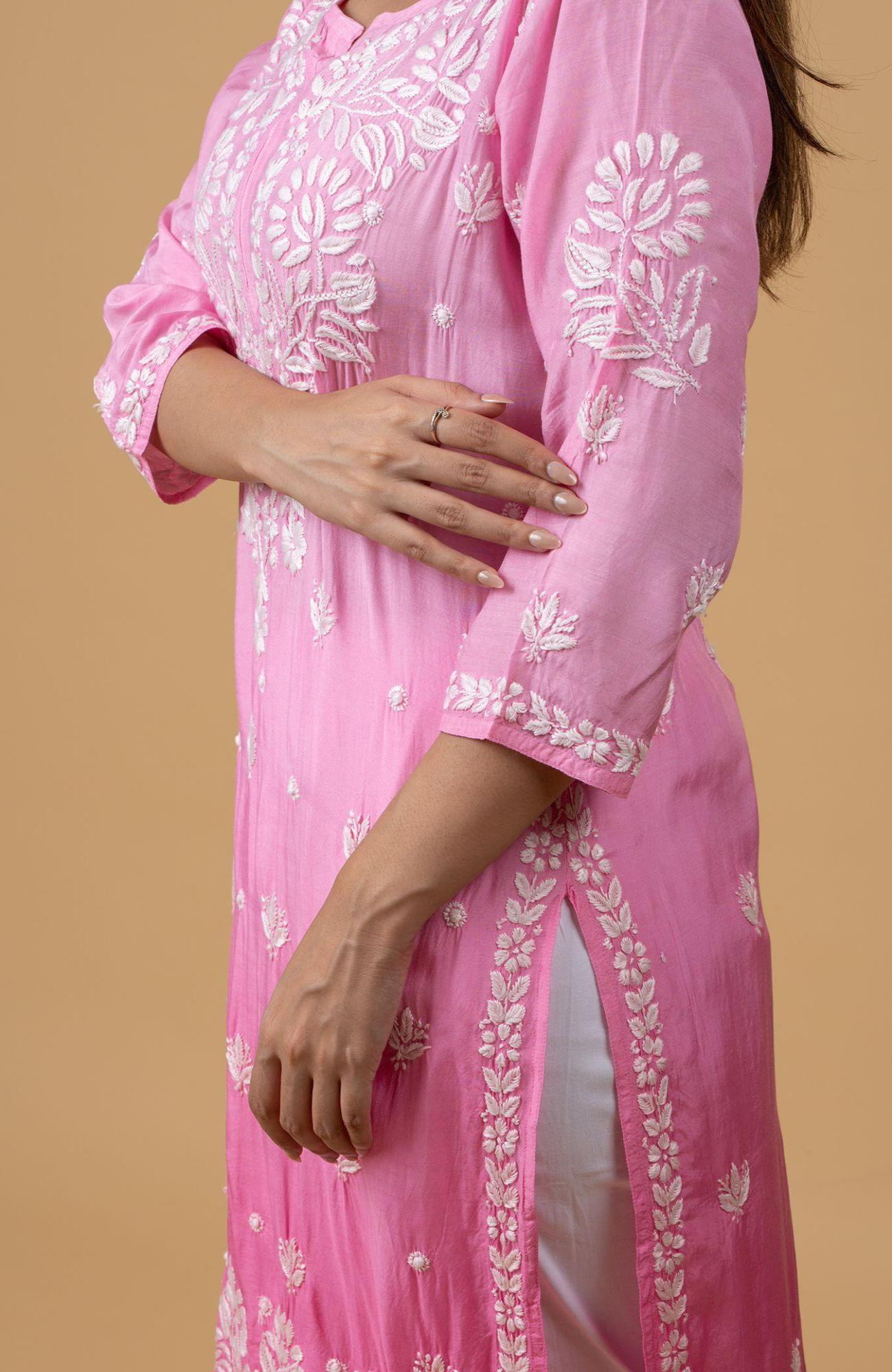 Pink Ombre Muslin Chikankari Kurta