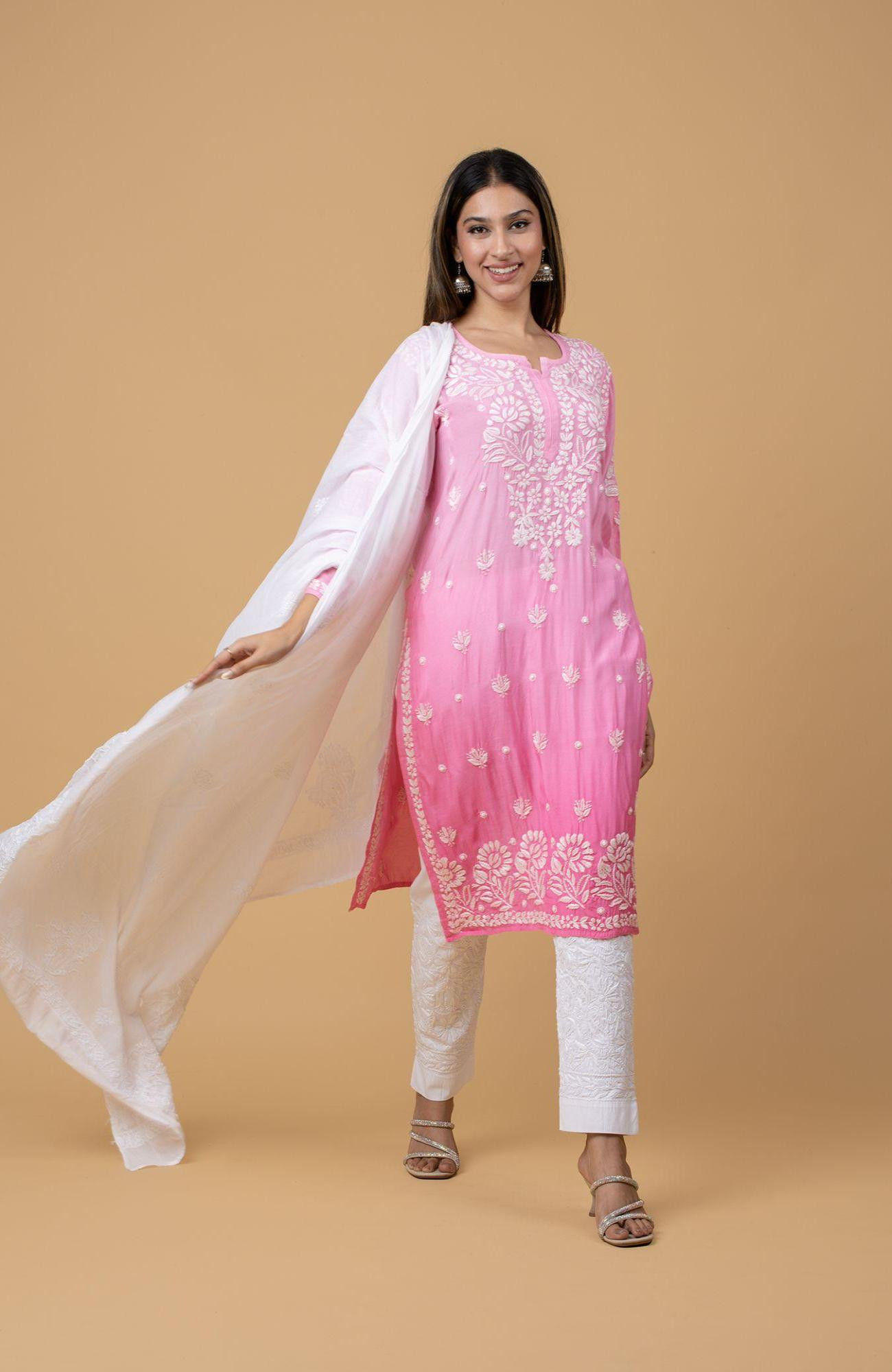 Pink Ombre Muslin Chikankari Kurta