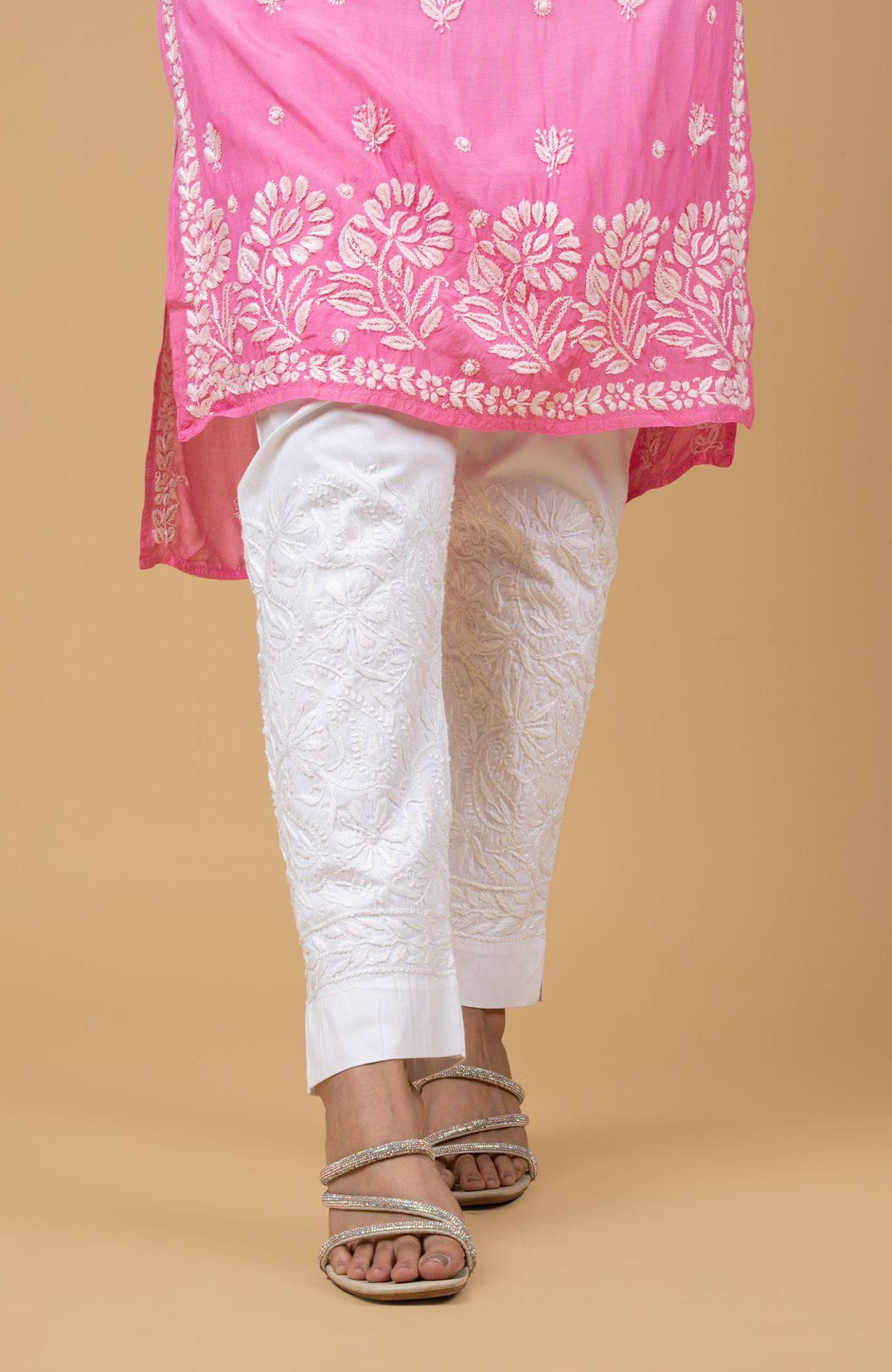 White Cotton Lycra Stretchable Chikankari Pant