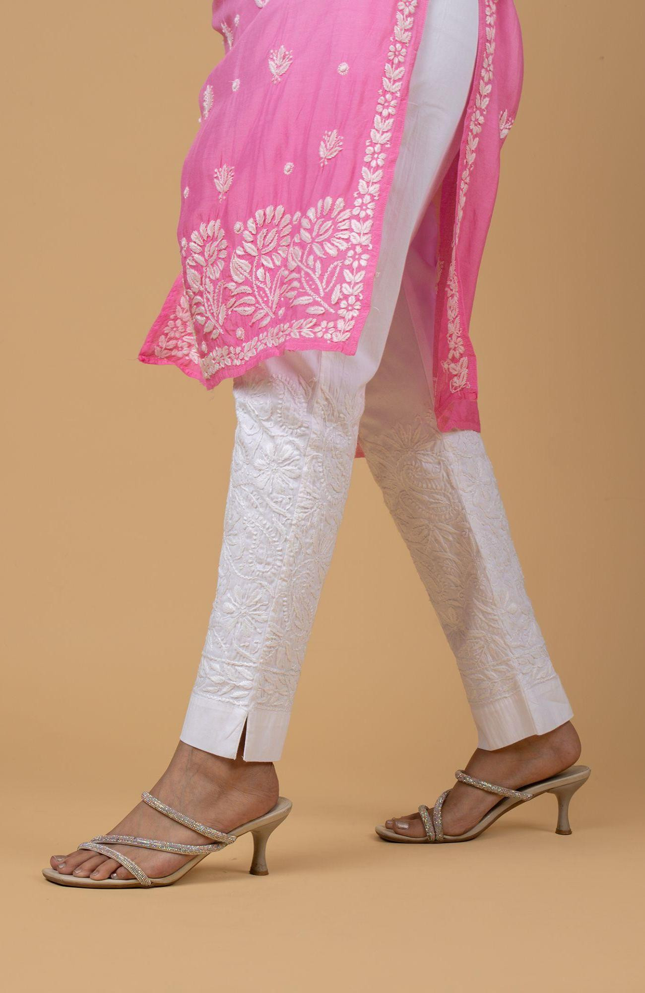 White Cotton Lycra Stretchable Chikankari Pant