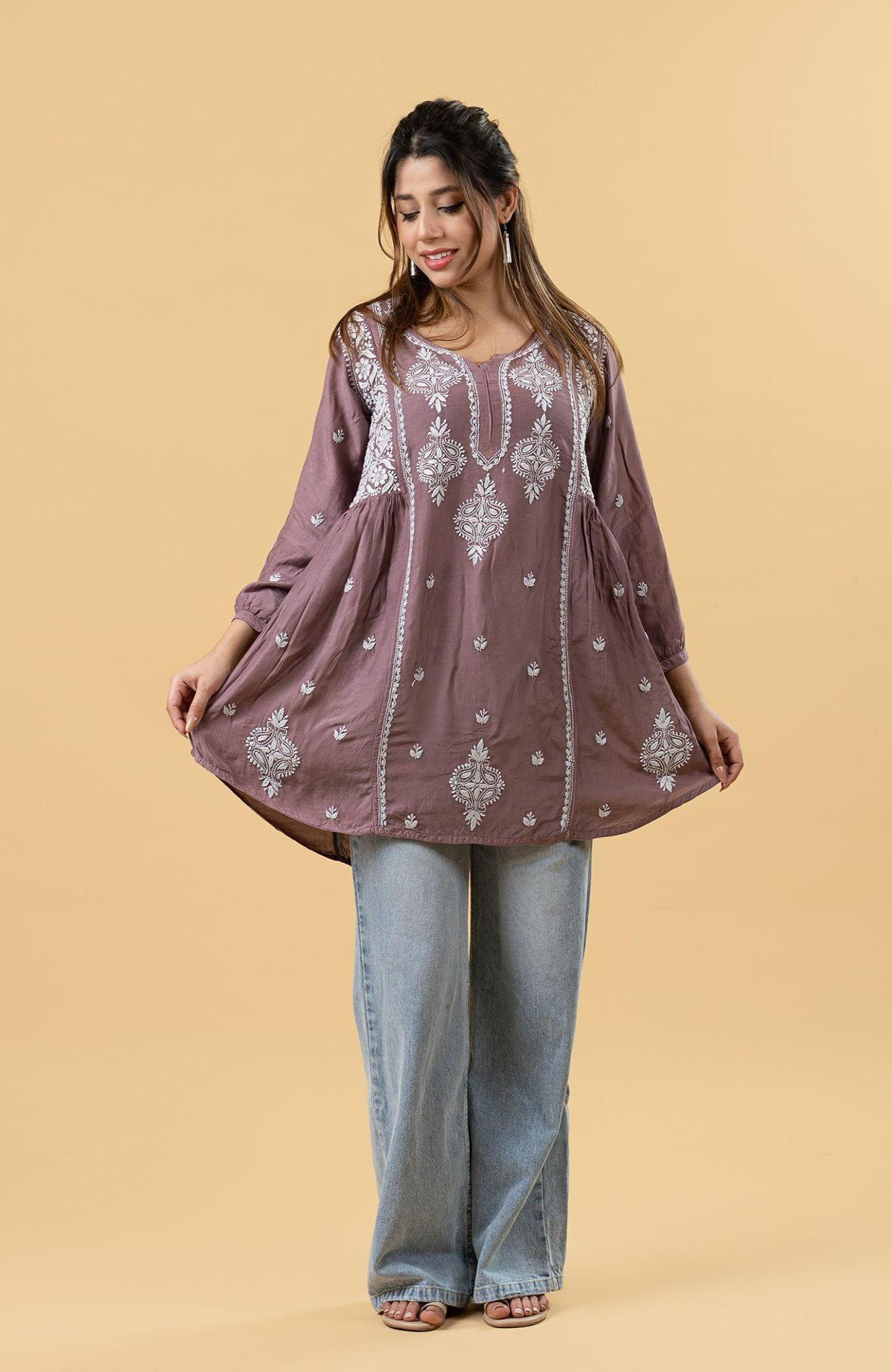 Wine Shade Muslin Chikankari Short Top