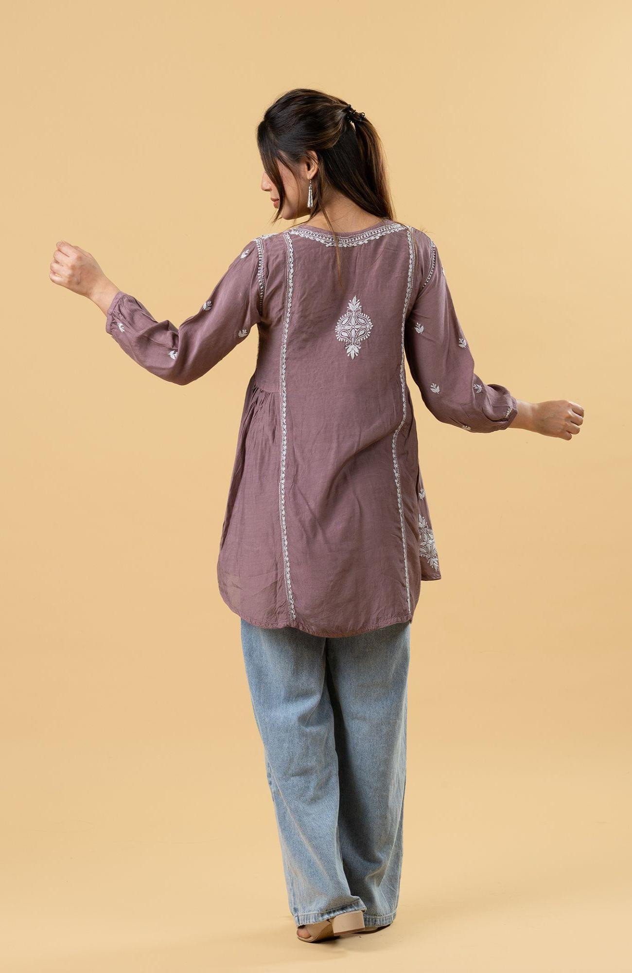 Wine Shade Muslin Chikankari Short Top