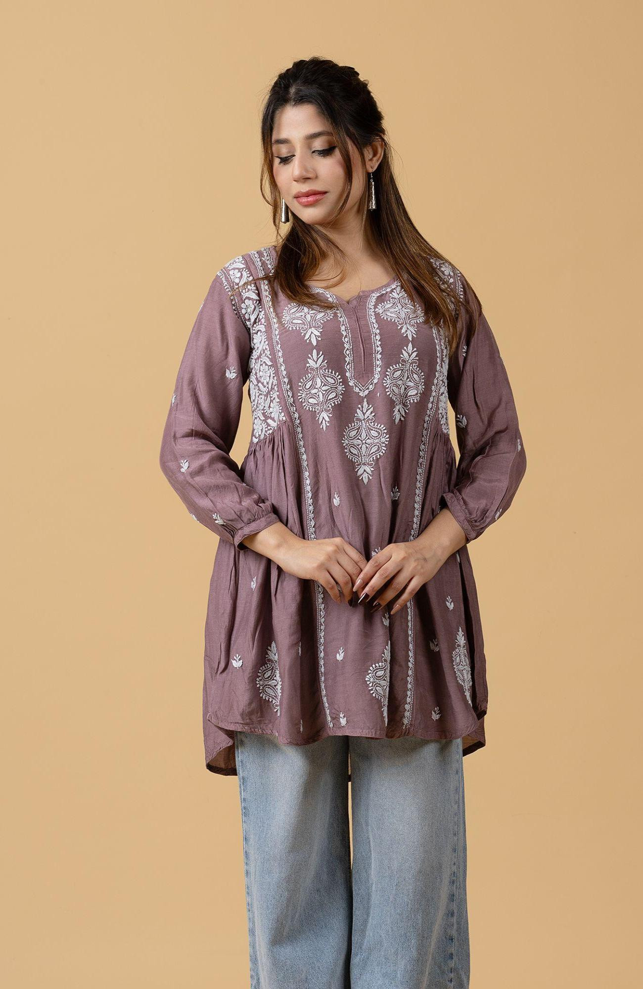 Wine Shade Muslin Chikankari Short Top