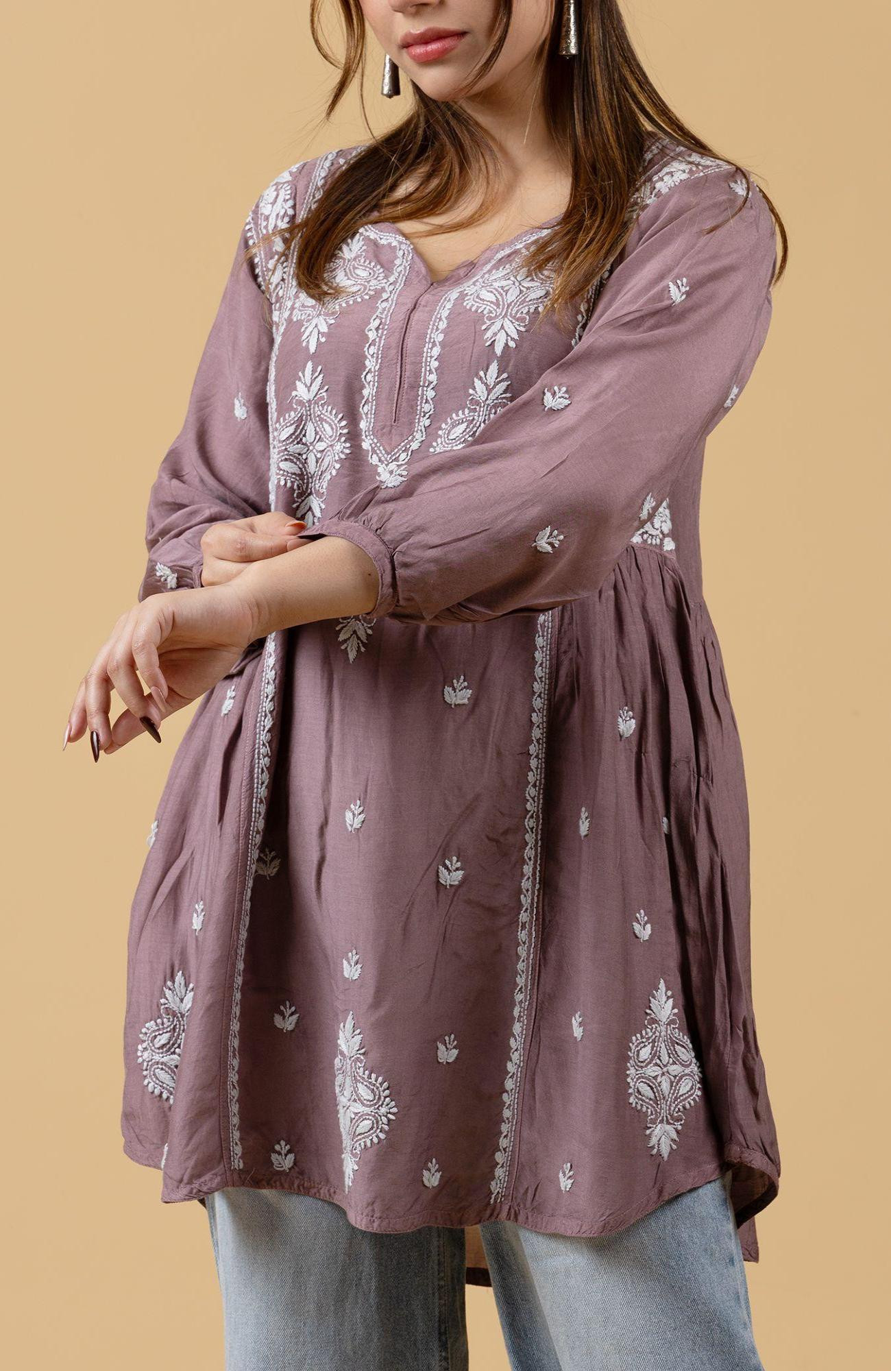 Wine Shade Muslin Chikankari Short Top