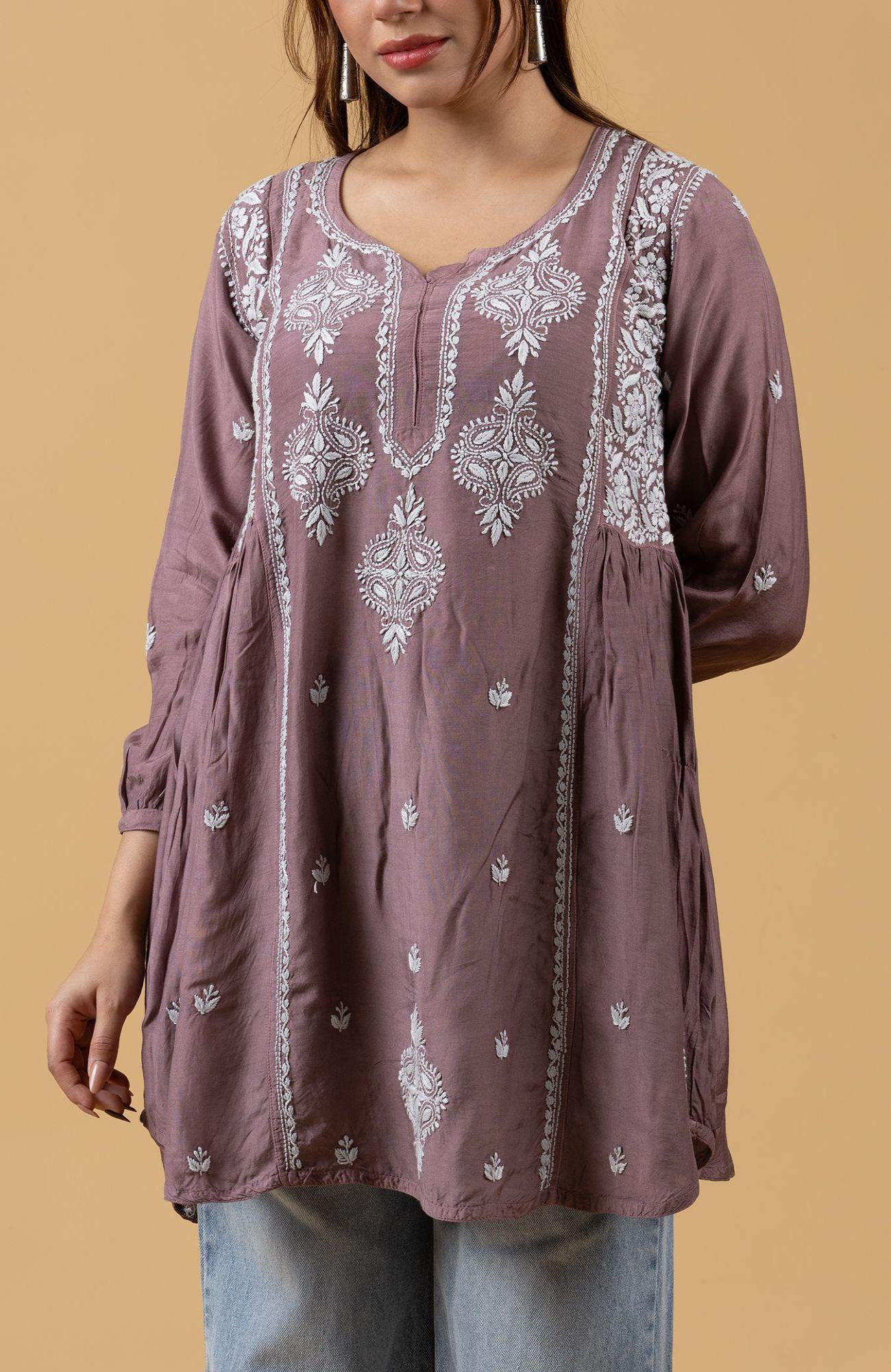 Wine Shade Muslin Chikankari Short Top