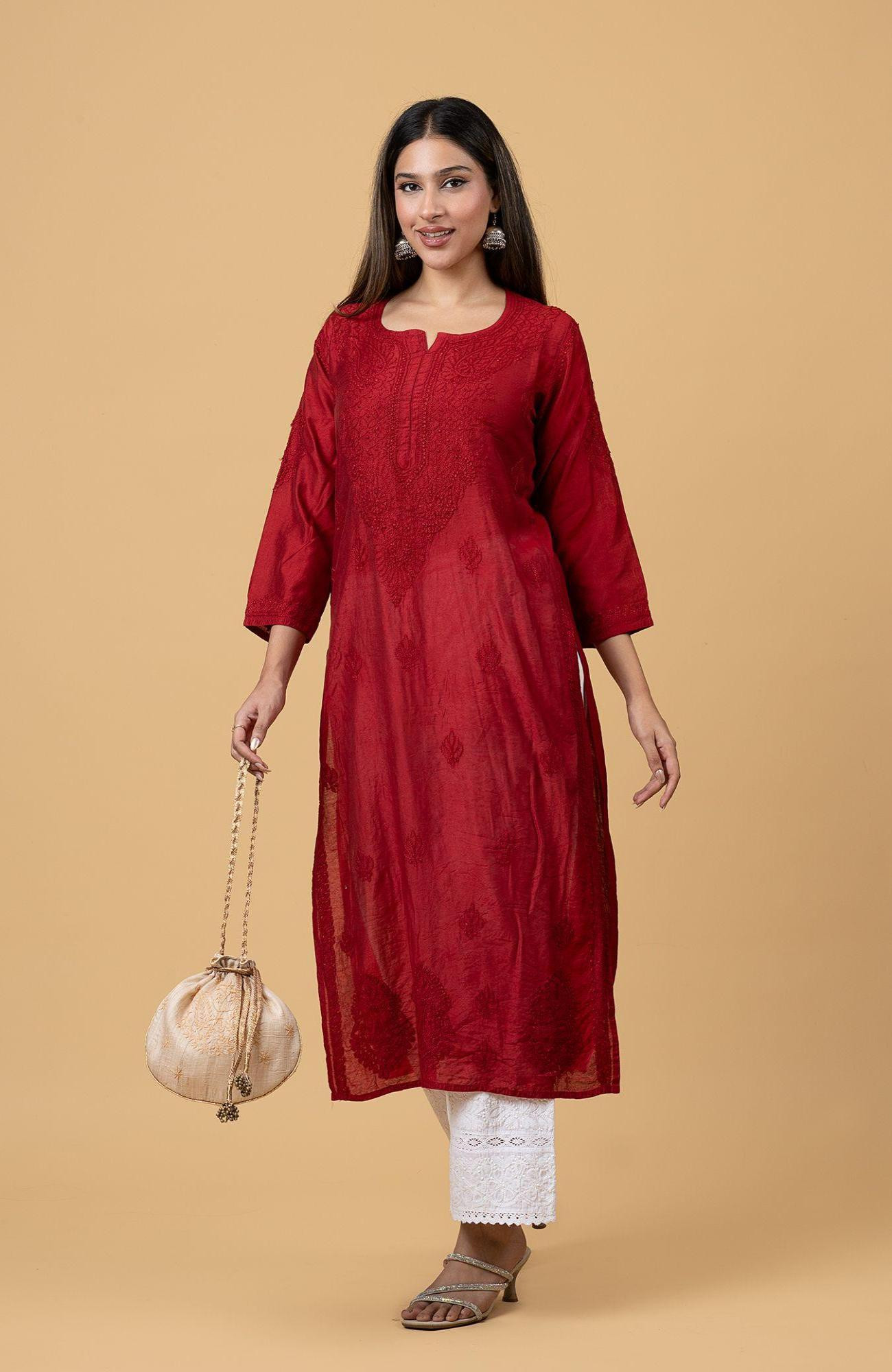 Maroon Chanderi Chikankari Kurta