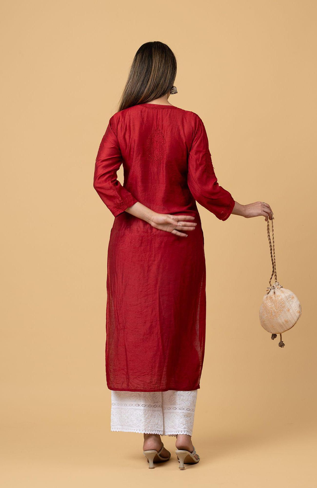 Maroon Chanderi Chikankari Kurta