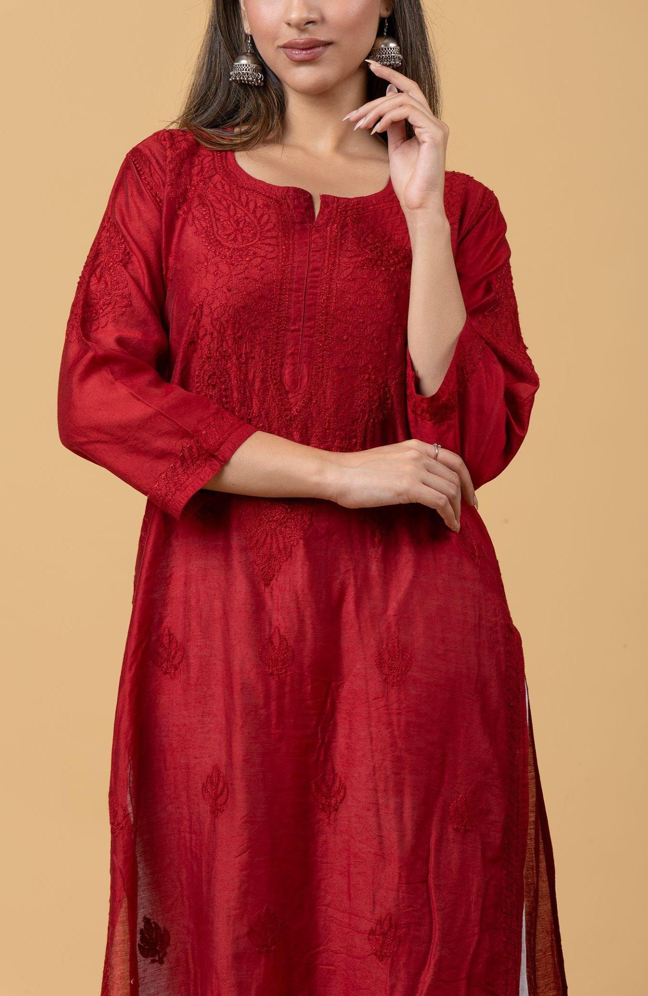 Maroon Chanderi Chikankari Kurta