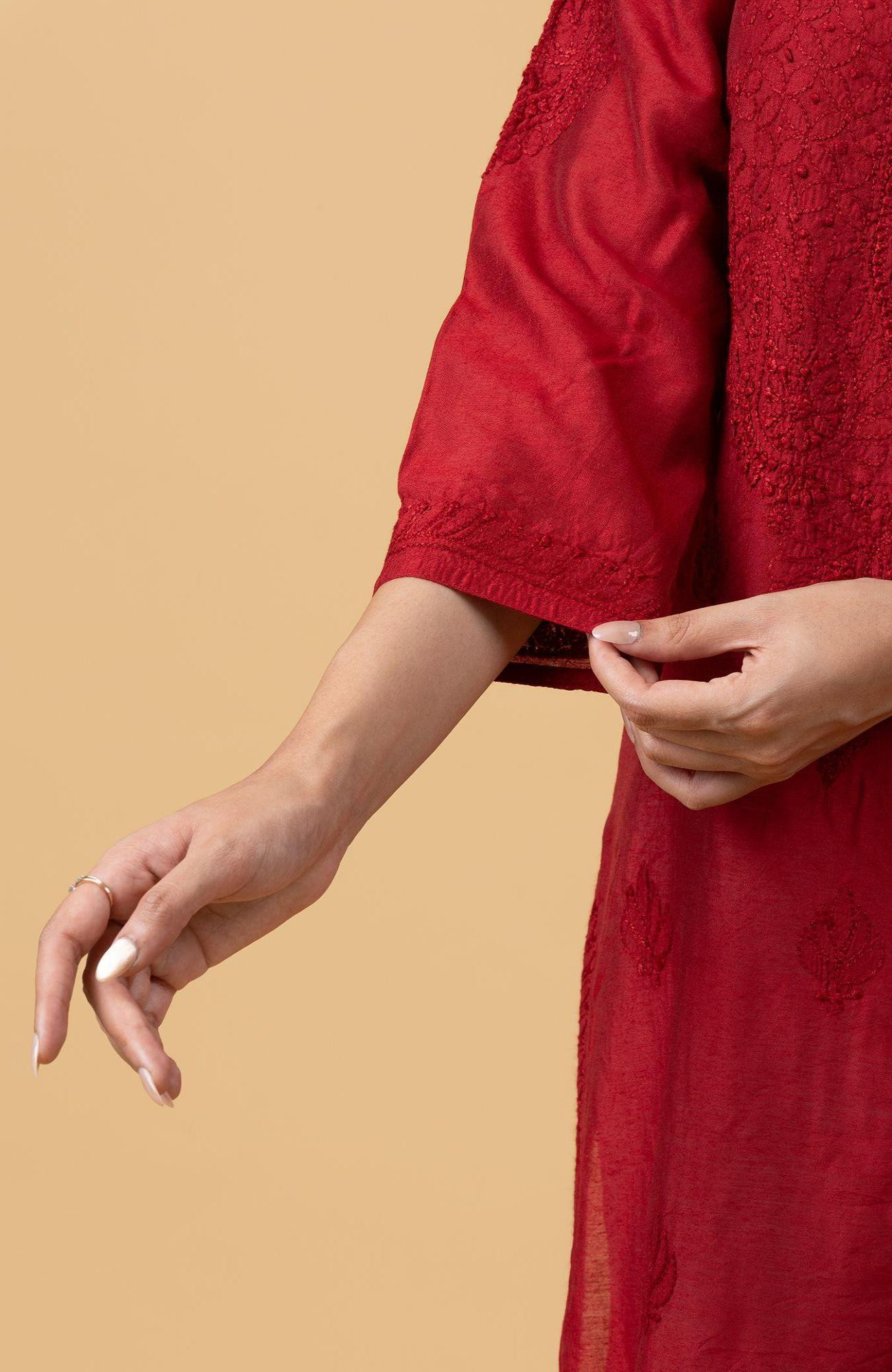 Maroon Chanderi Chikankari Kurta