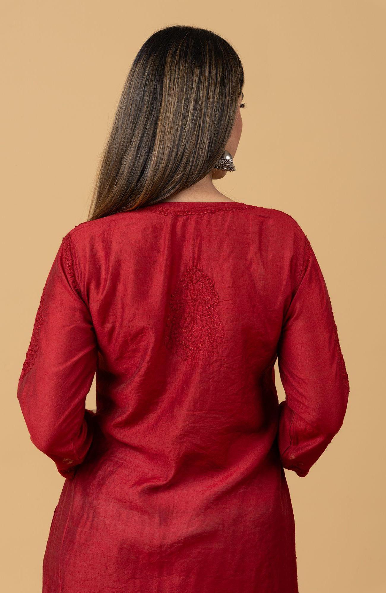 Maroon Chanderi Chikankari Kurta