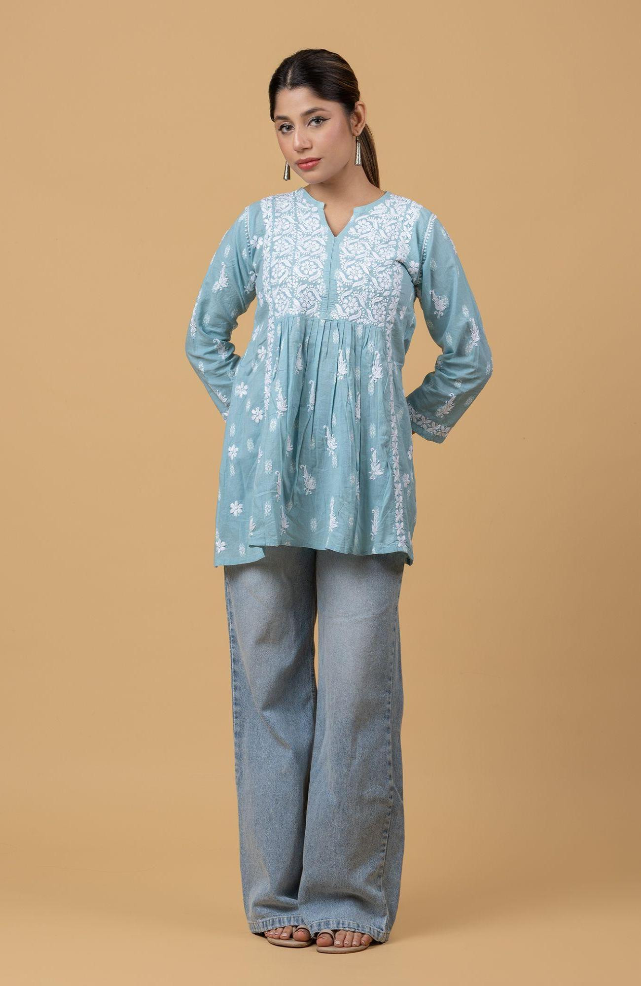 Sea Green Cotton Chikankari Short Top