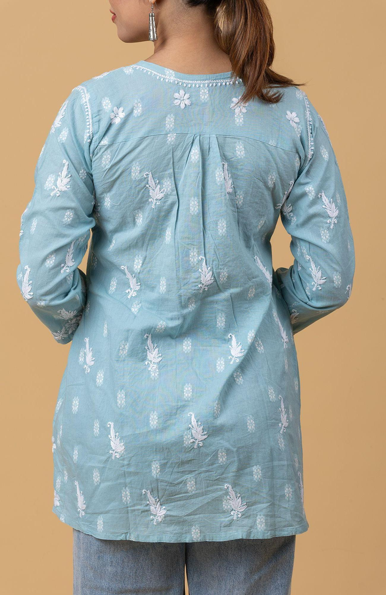 Sea Green Cotton Chikankari Short Top