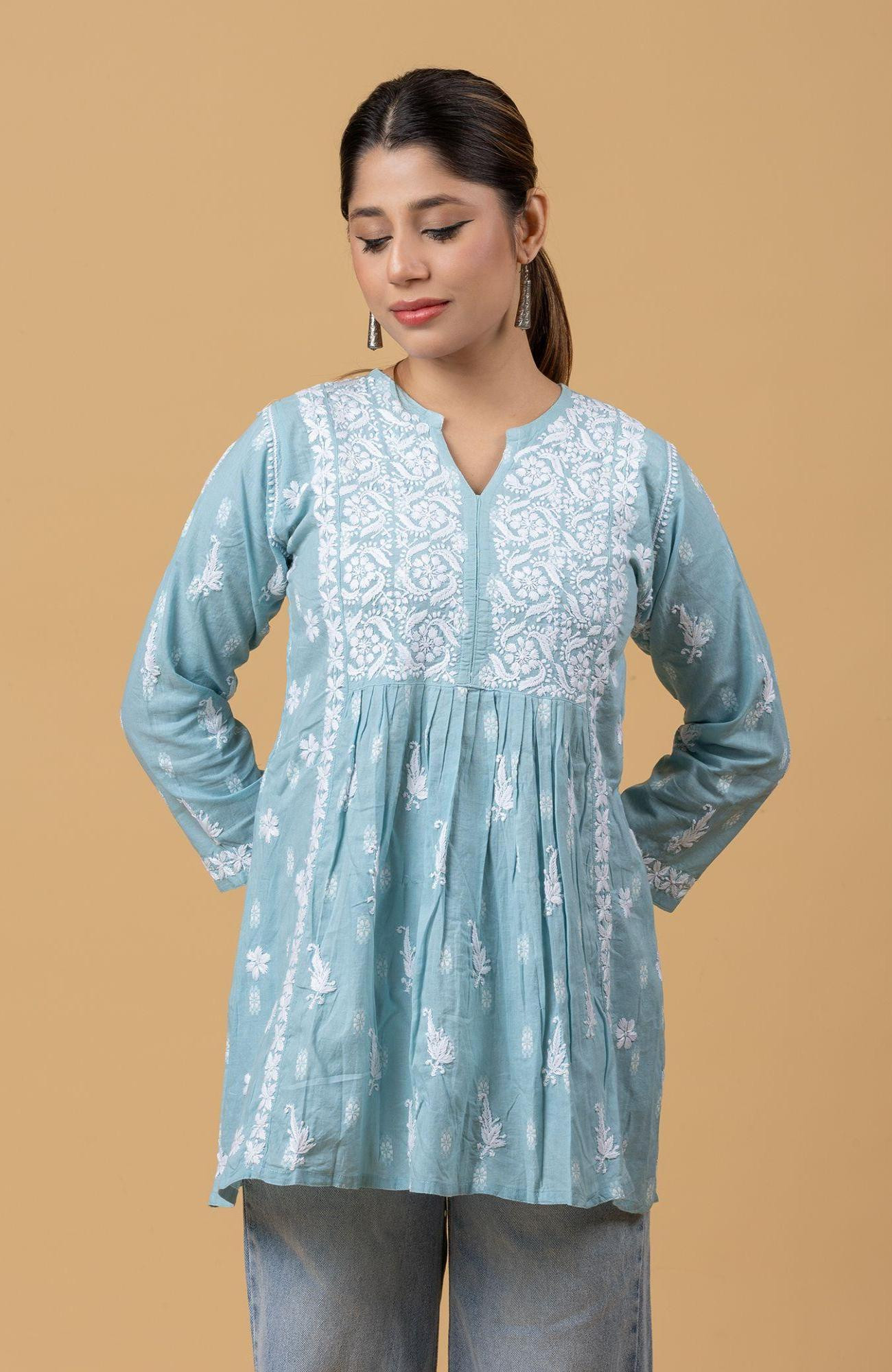 Sea Green Cotton Chikankari Short Top