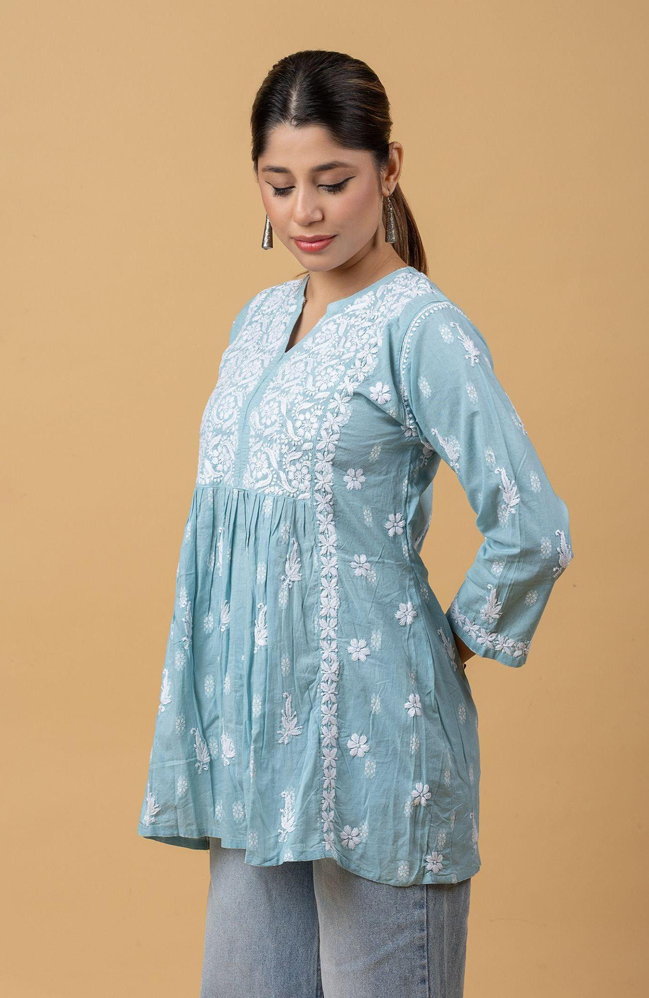 Sea Green Cotton Chikankari Short Top