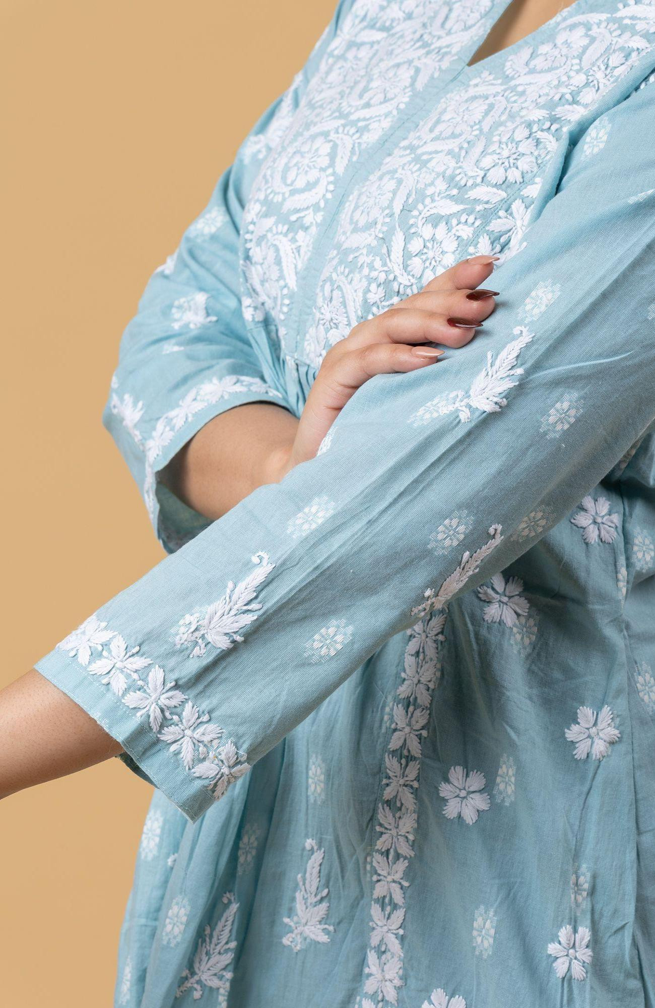 Sea Green Cotton Chikankari Short Top